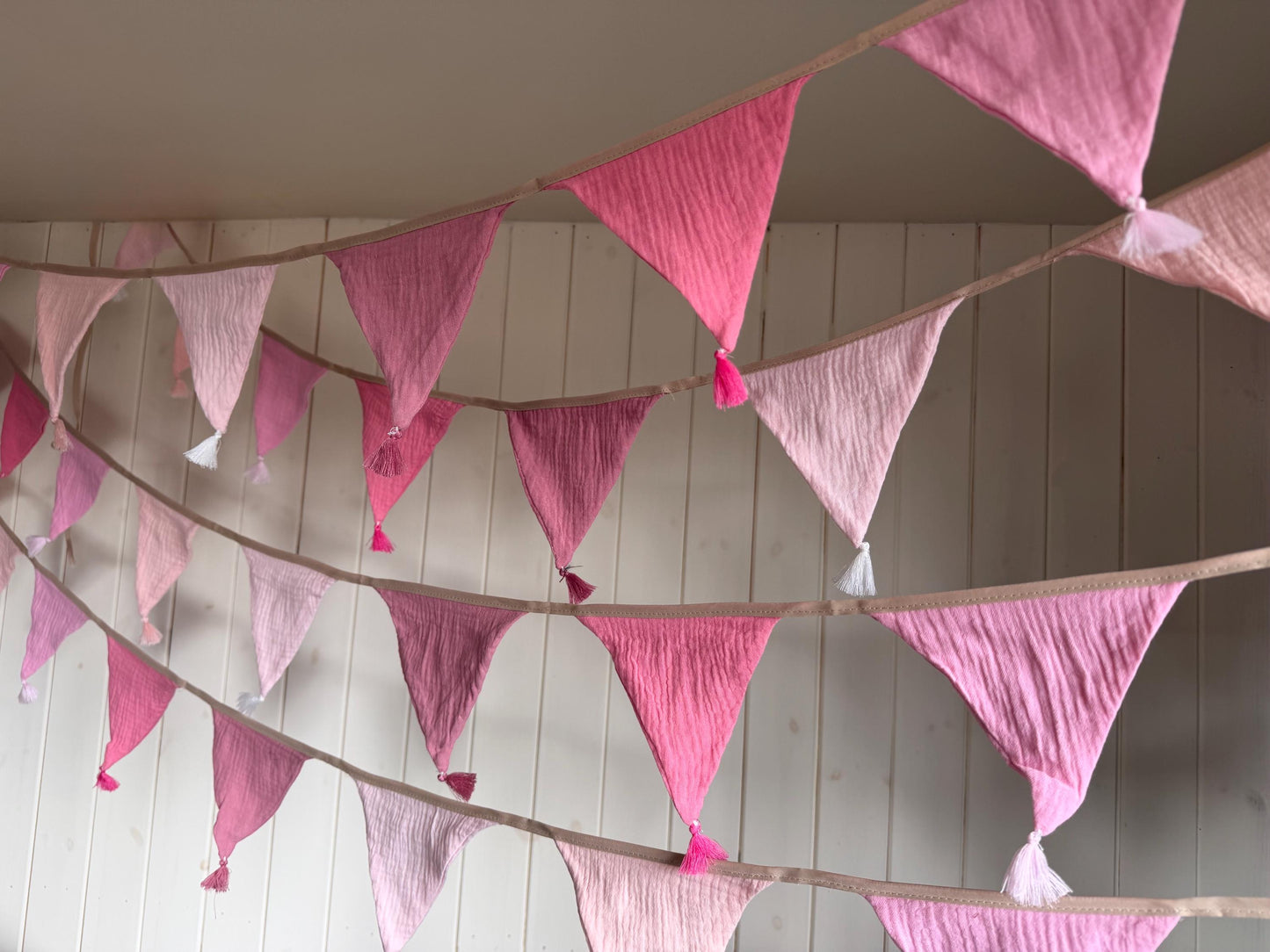 Pink cotton bunting in lovely pastel tones. Pink decorations. Cotton bunting with long ties. Boho bunting for home, garden and parties