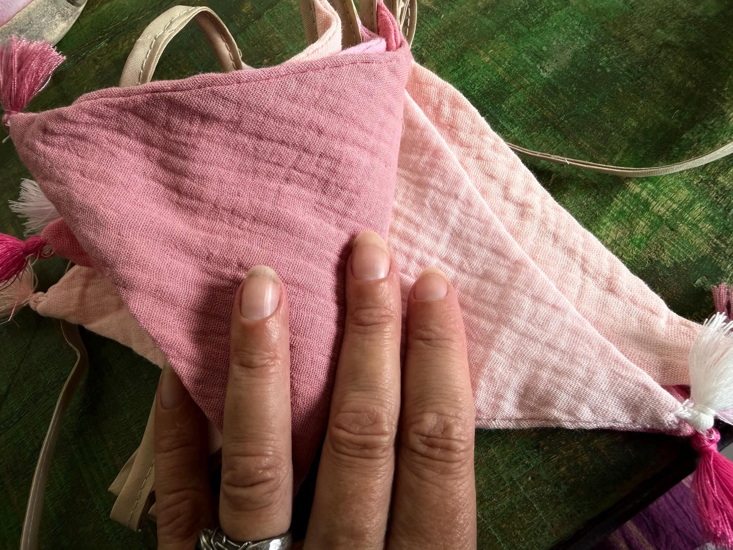 Pink cotton bunting in lovely pastel tones. Pink decorations. Cotton bunting with long ties. Boho bunting for home, garden and parties