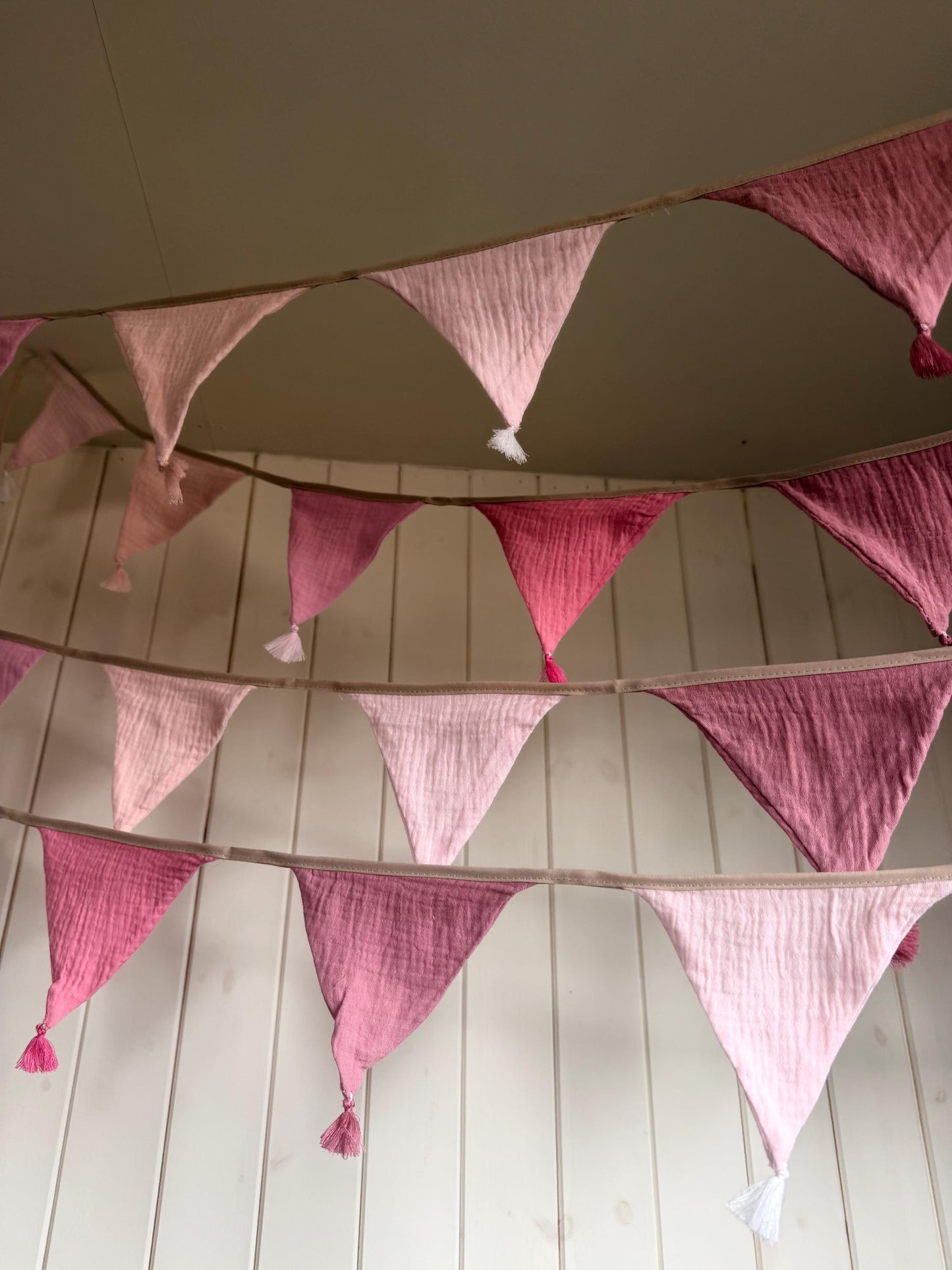Pink cotton bunting in lovely pastel tones. Pink decorations. Cotton bunting with long ties. Boho bunting for home, garden and parties