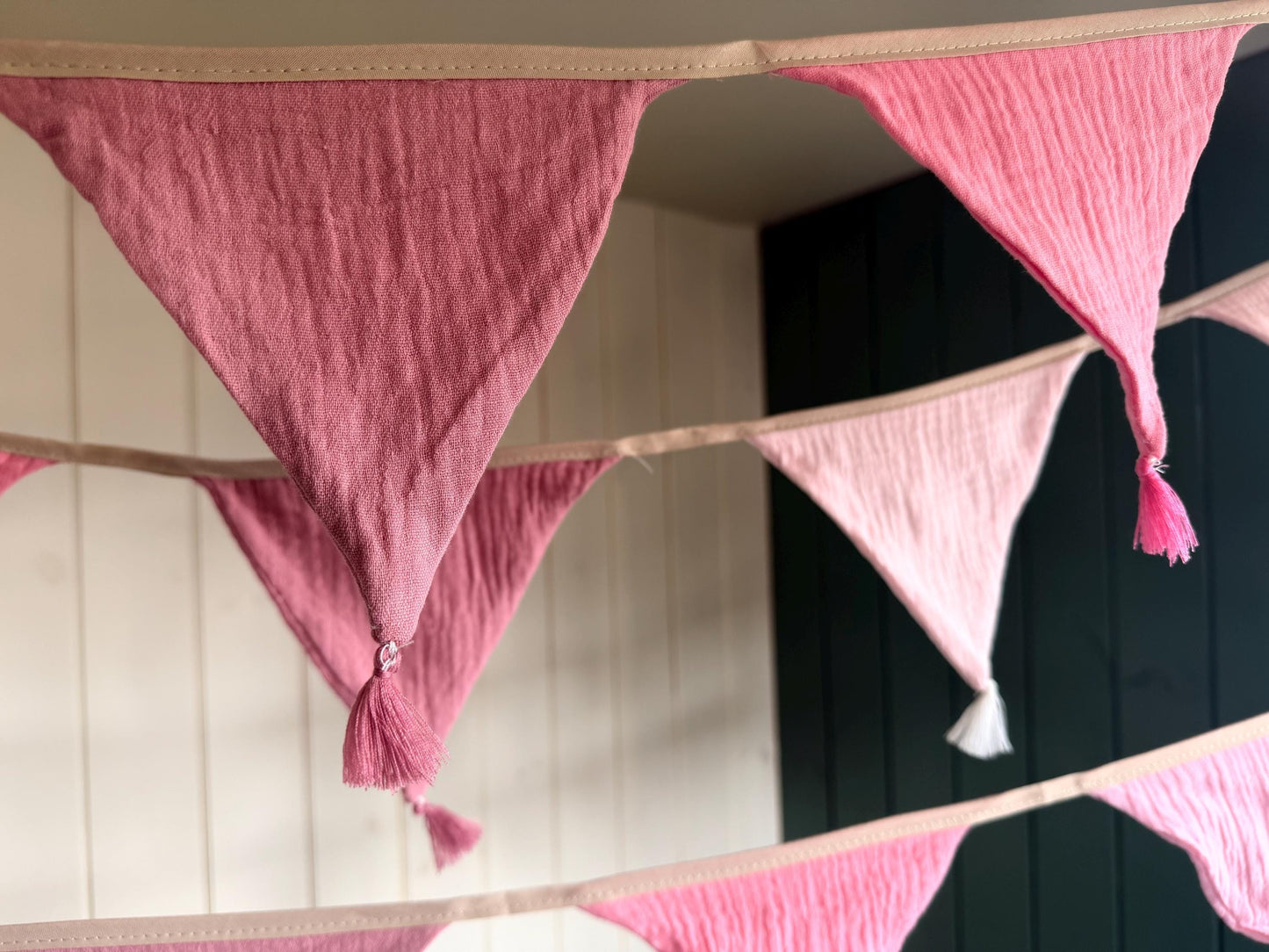 Pink cotton bunting in lovely pastel tones. Pink decorations. Cotton bunting with long ties. Boho bunting for home, garden and parties