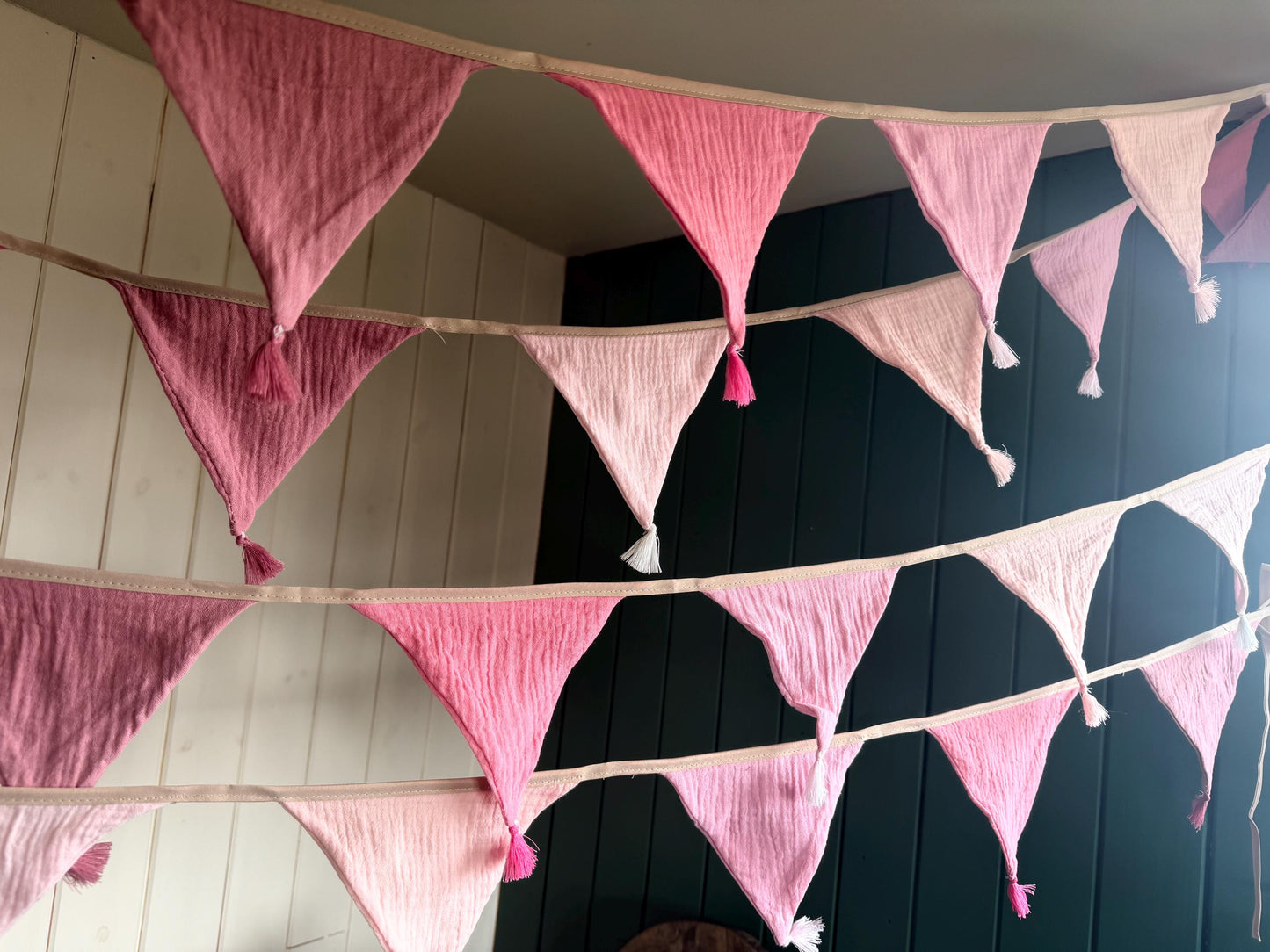 Pink cotton bunting in lovely pastel tones. Pink decorations. Cotton bunting with long ties. Boho bunting for home, garden and parties