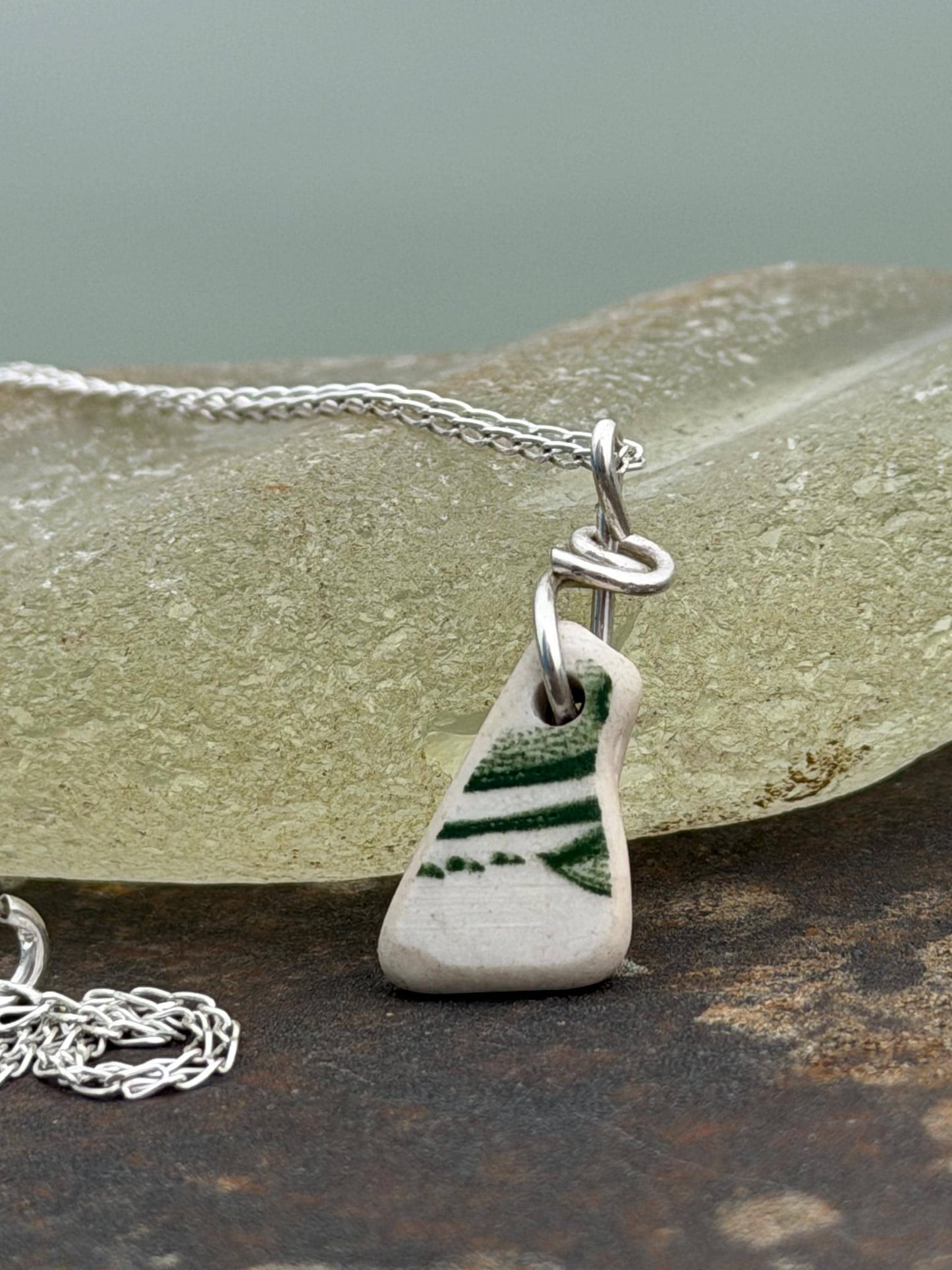 Eco friendly sea ceramic necklace on a sterling silver chain. Eco friendly jewellery, ethical jewellery. Eco friendly necklace.