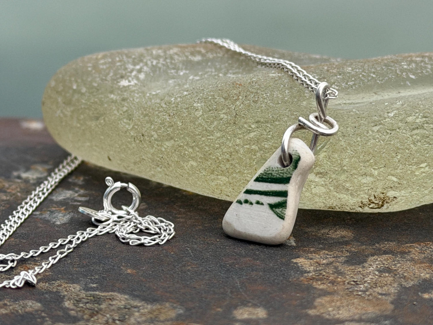 Eco friendly sea ceramic necklace on a sterling silver chain. Eco friendly jewellery, ethical jewellery. Eco friendly necklace.