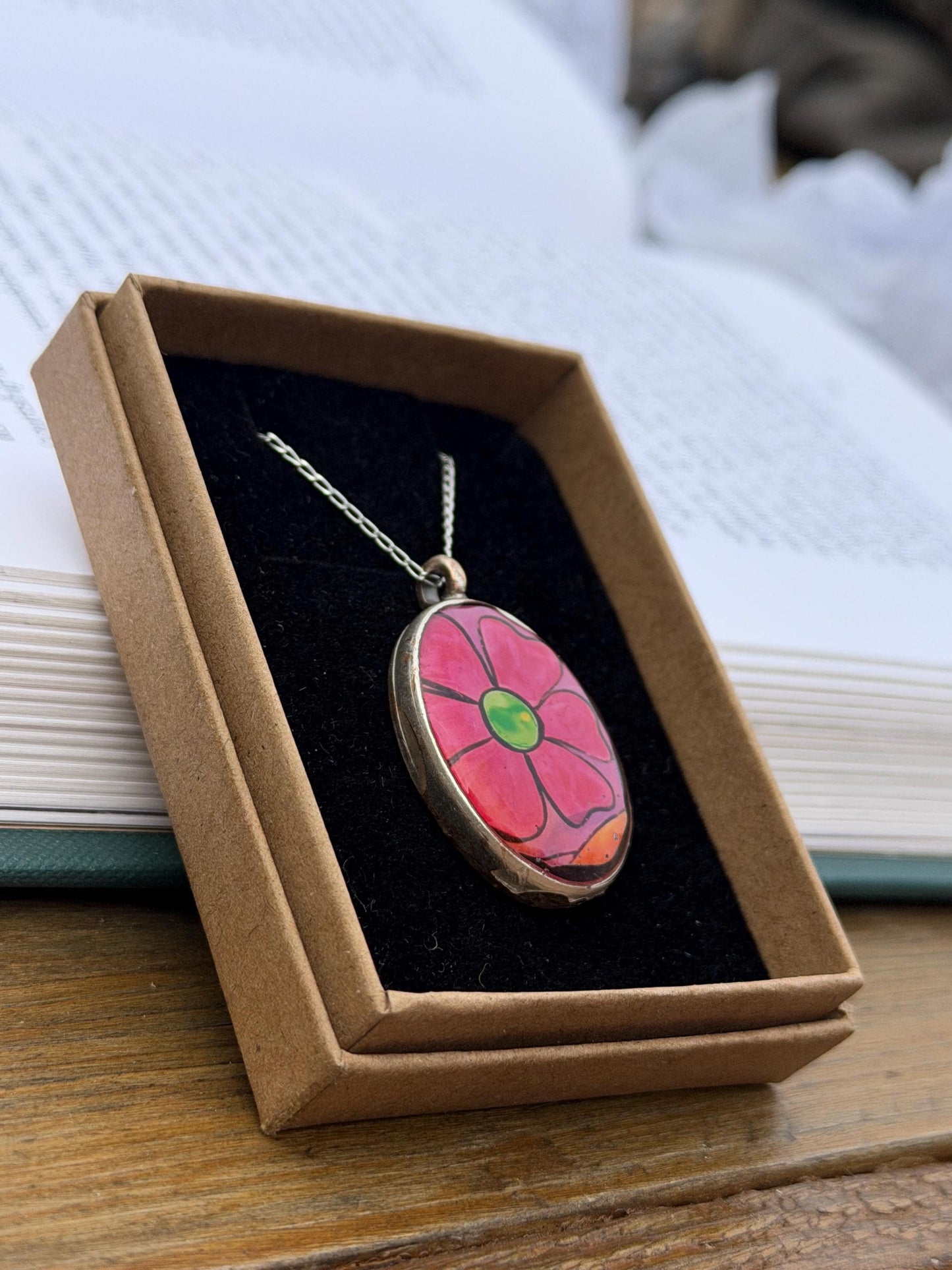 Bright joyful necklaces made with my own photos & recycled sterling silver. Eco friendly jewellery. Boho colourful pendants. Bright pink.