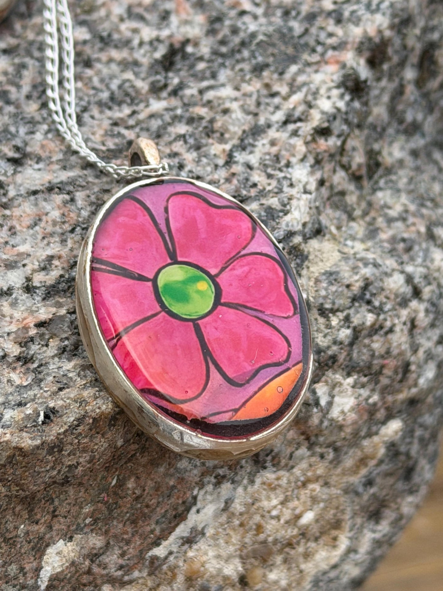 Bright joyful necklaces made with my own photos & recycled sterling silver. Eco friendly jewellery. Boho colourful pendants. Bright pink.