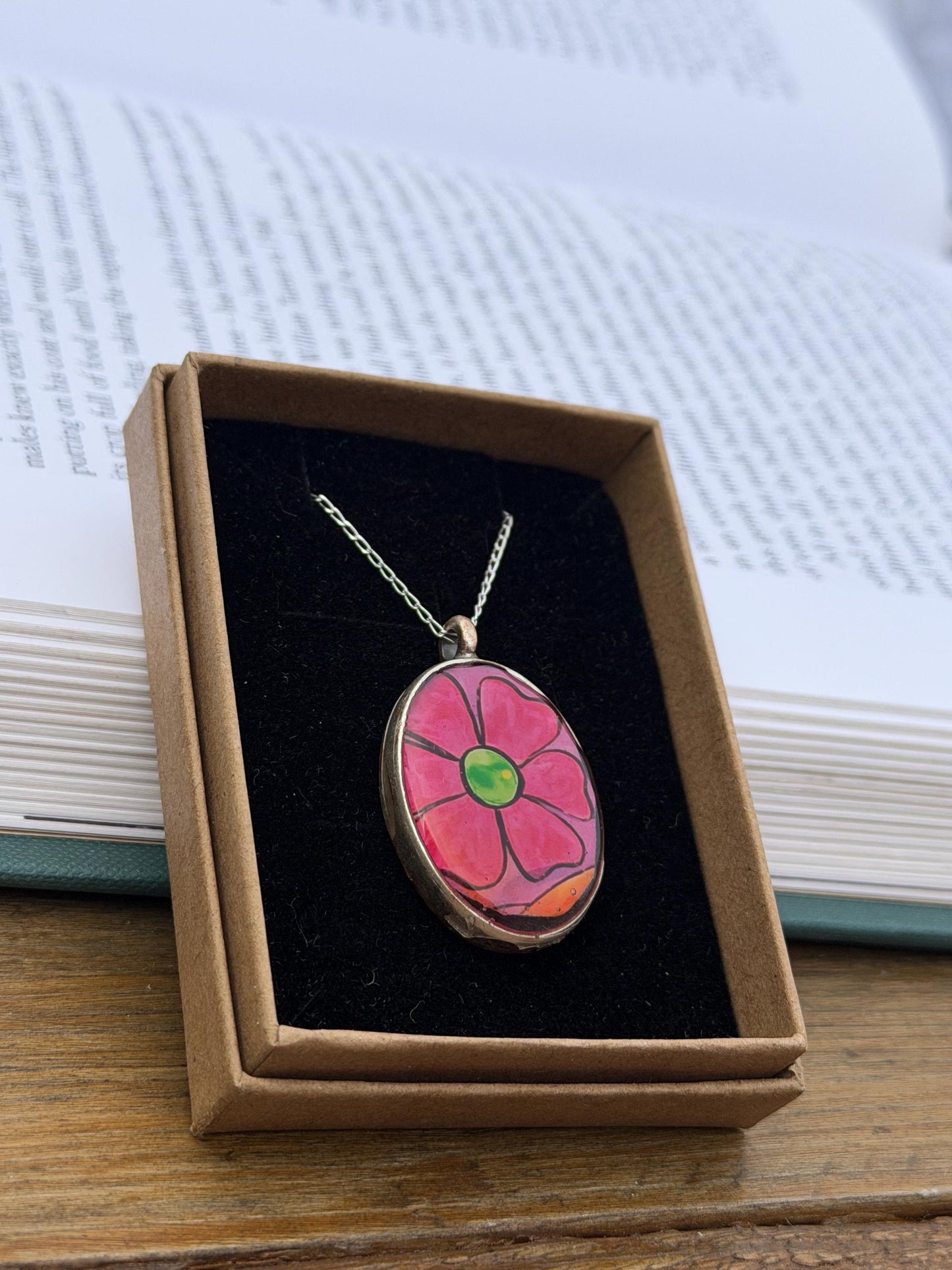 Bright joyful necklaces made with my own photos & recycled sterling silver. Eco friendly jewellery. Boho colourful pendants. Bright pink.
