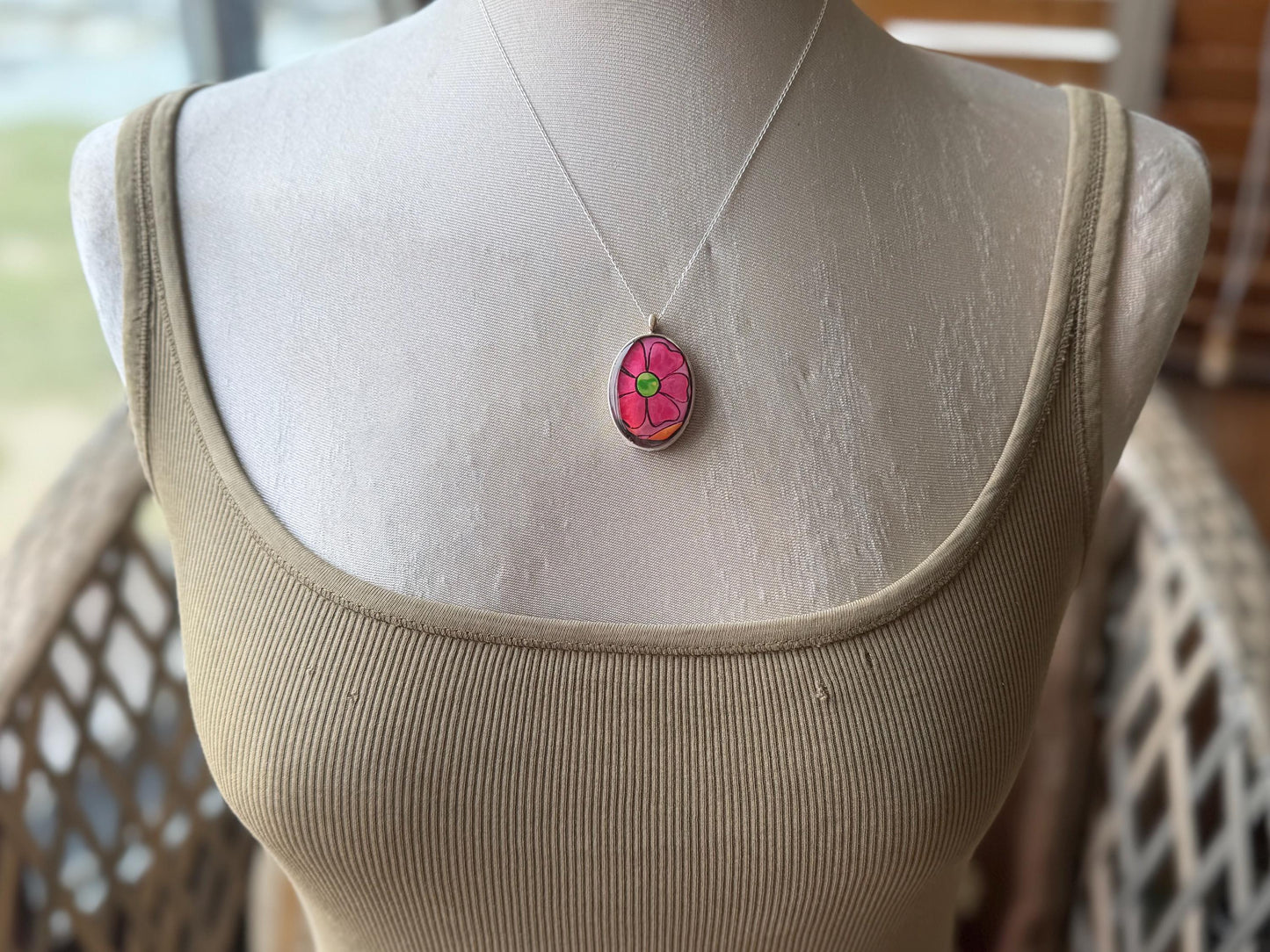 Bright joyful necklaces made with my own photos & recycled sterling silver. Eco friendly jewellery. Boho colourful pendants. Bright pink.