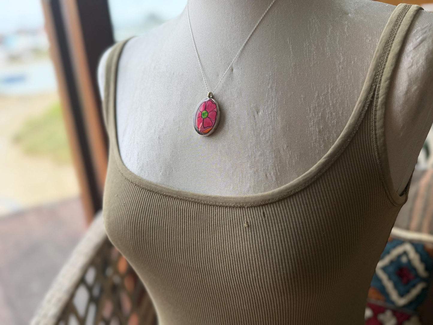 Bright joyful necklaces made with my own photos & recycled sterling silver. Eco friendly jewellery. Boho colourful pendants. Bright pink.