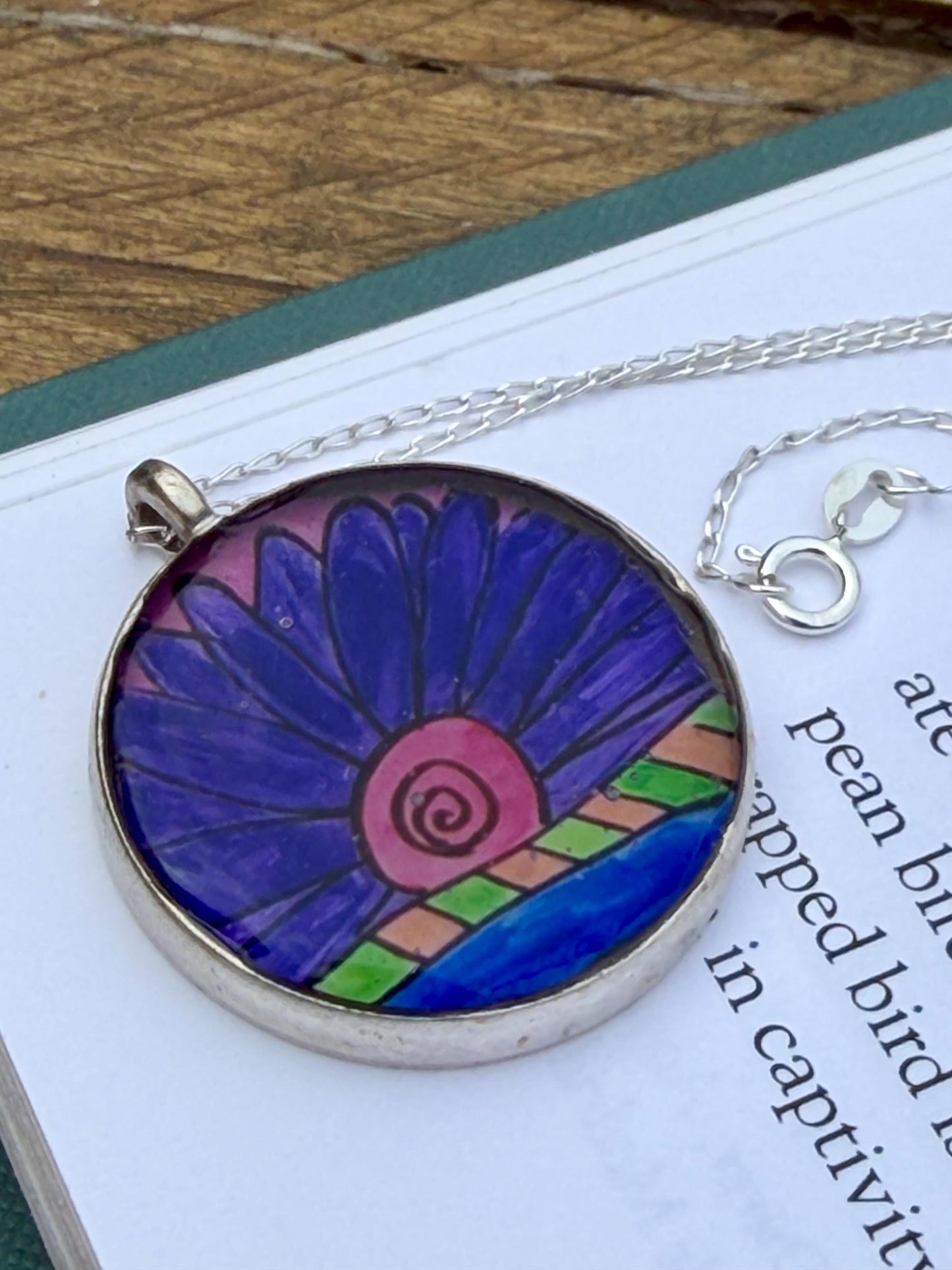 Bright joyful necklaces made with my own pictures & recycled sterling silver. Eco friendly jewellery. Boho colourful pendants. Unique gifts