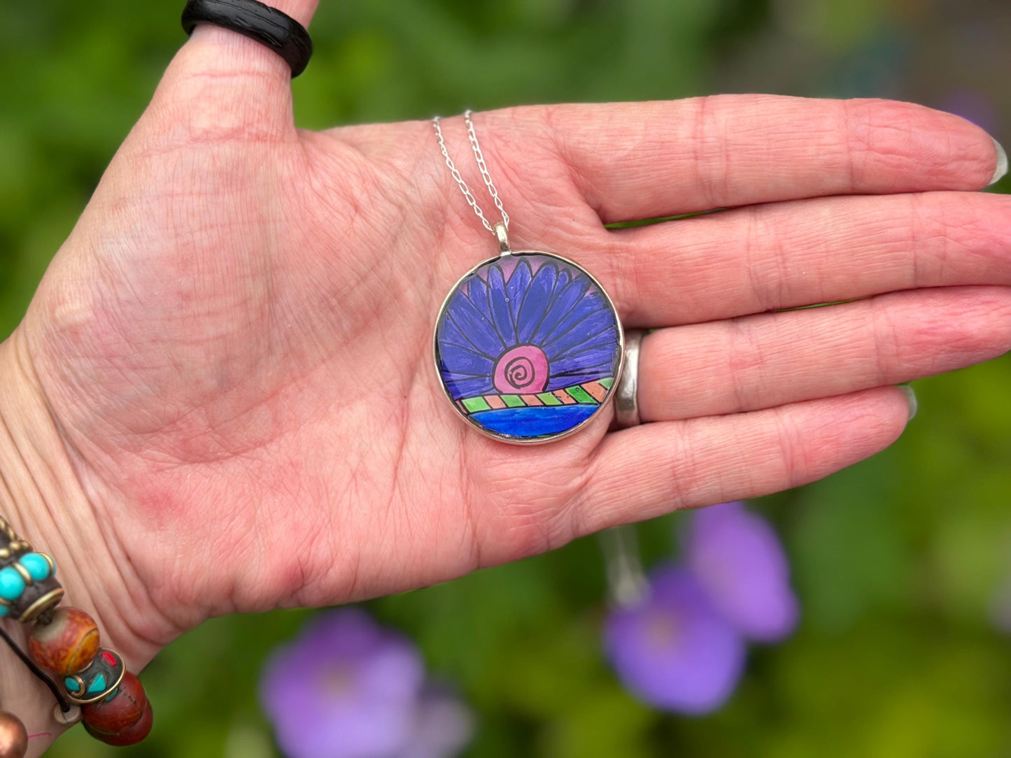 Bright joyful necklaces made with my own pictures & recycled sterling silver. Eco friendly jewellery. Boho colourful pendants. Unique gifts