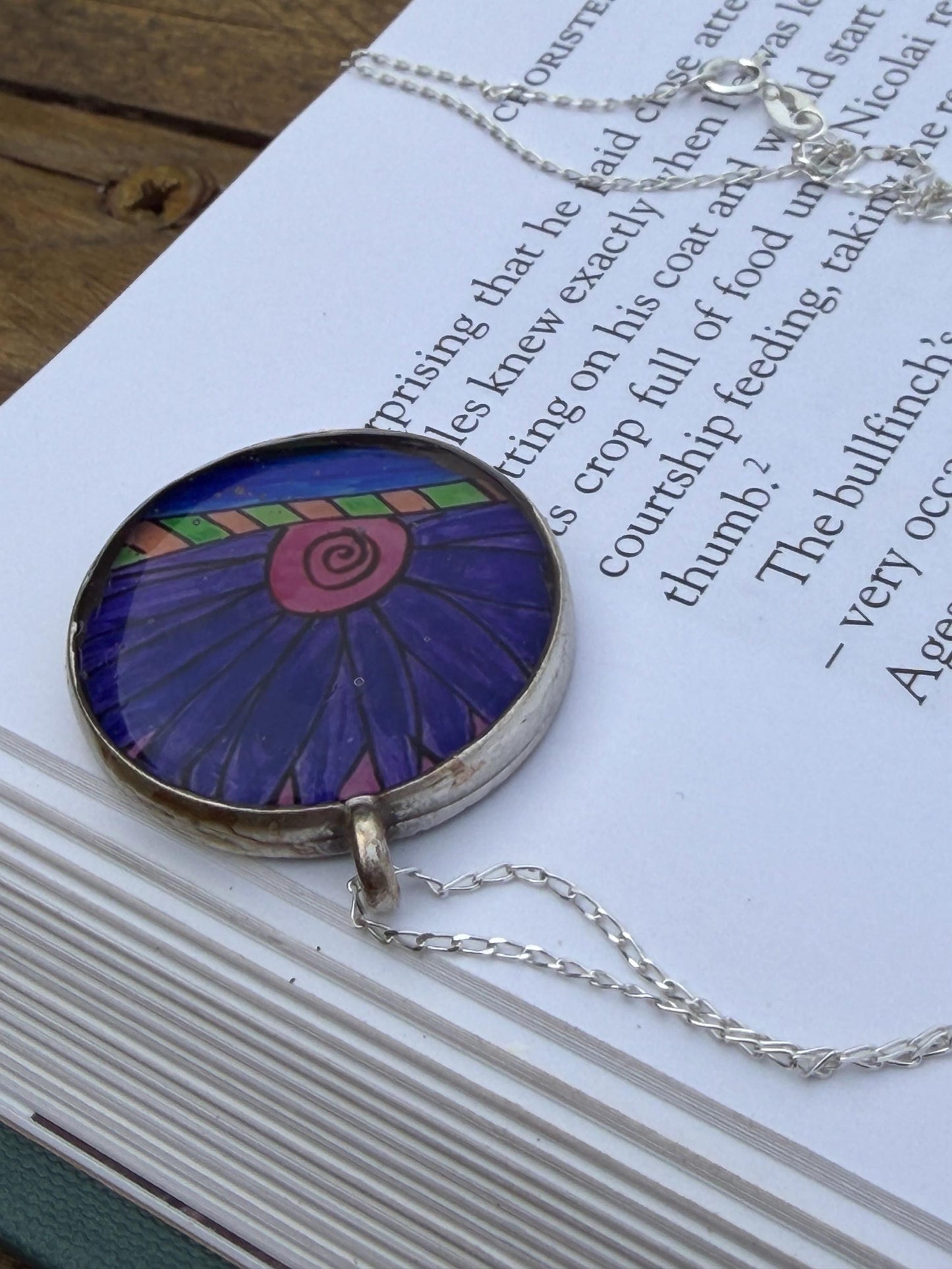 Bright joyful necklaces made with my own pictures & recycled sterling silver. Eco friendly jewellery. Boho colourful pendants. Unique gifts
