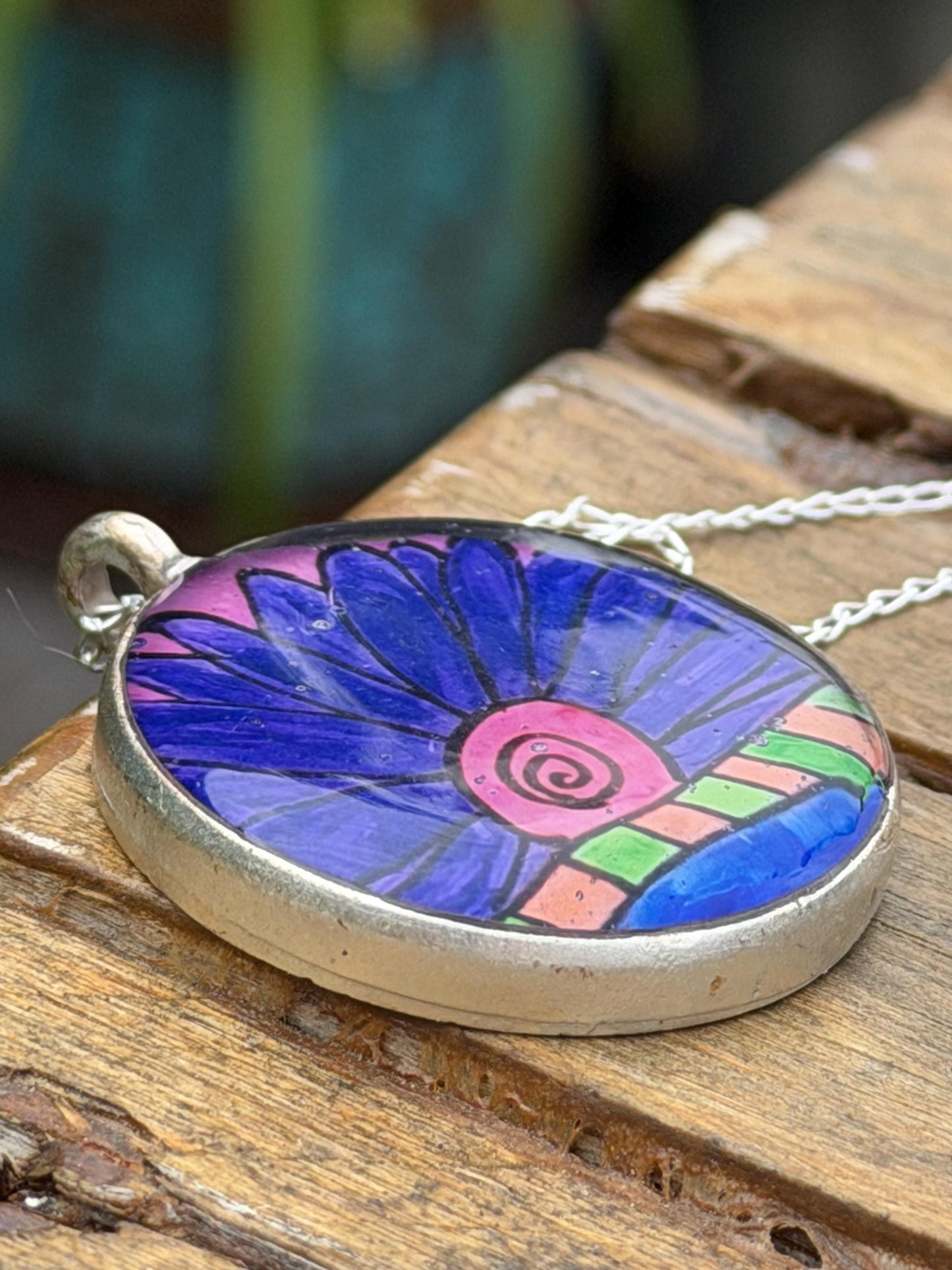 Bright joyful necklaces made with my own pictures & recycled sterling silver. Eco friendly jewellery. Boho colourful pendants. Unique gifts