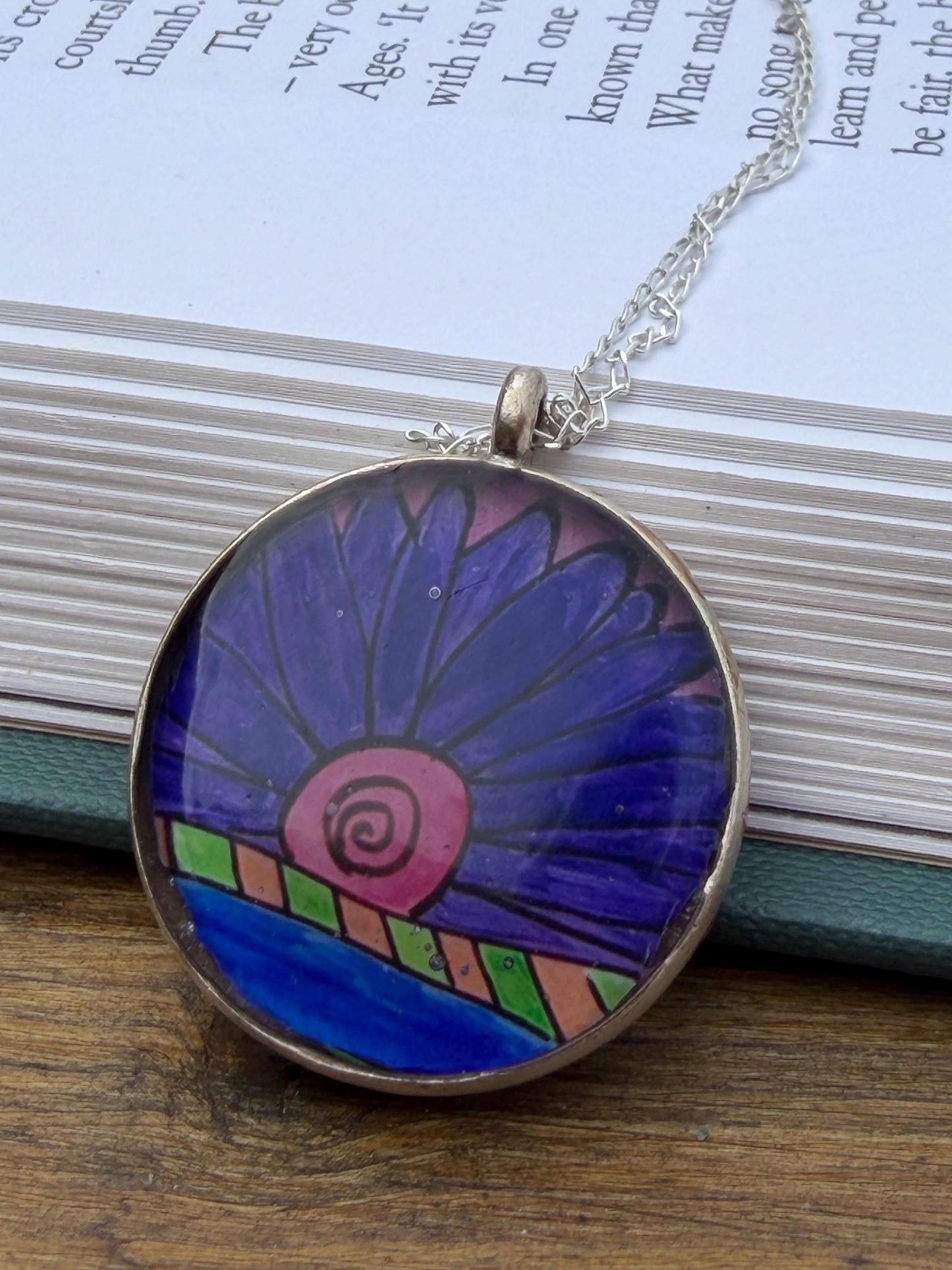 Bright joyful necklaces made with my own pictures & recycled sterling silver. Eco friendly jewellery. Boho colourful pendants. Unique gifts