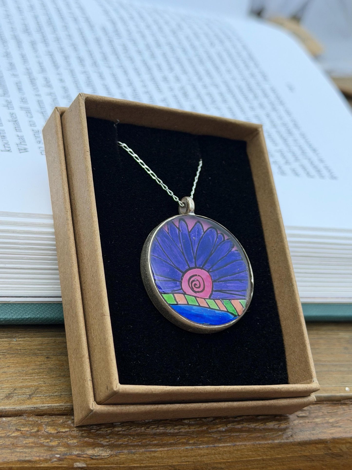 Bright joyful necklaces made with my own pictures & recycled sterling silver. Eco friendly jewellery. Boho colourful pendants. Unique gifts