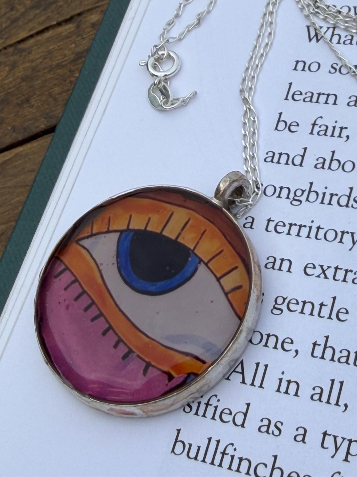 Handmade eye necklace. All seeing eye pendant on rcycled sterling silver. Eco friendly jewellery. Boho colourful pendants. Bright pink