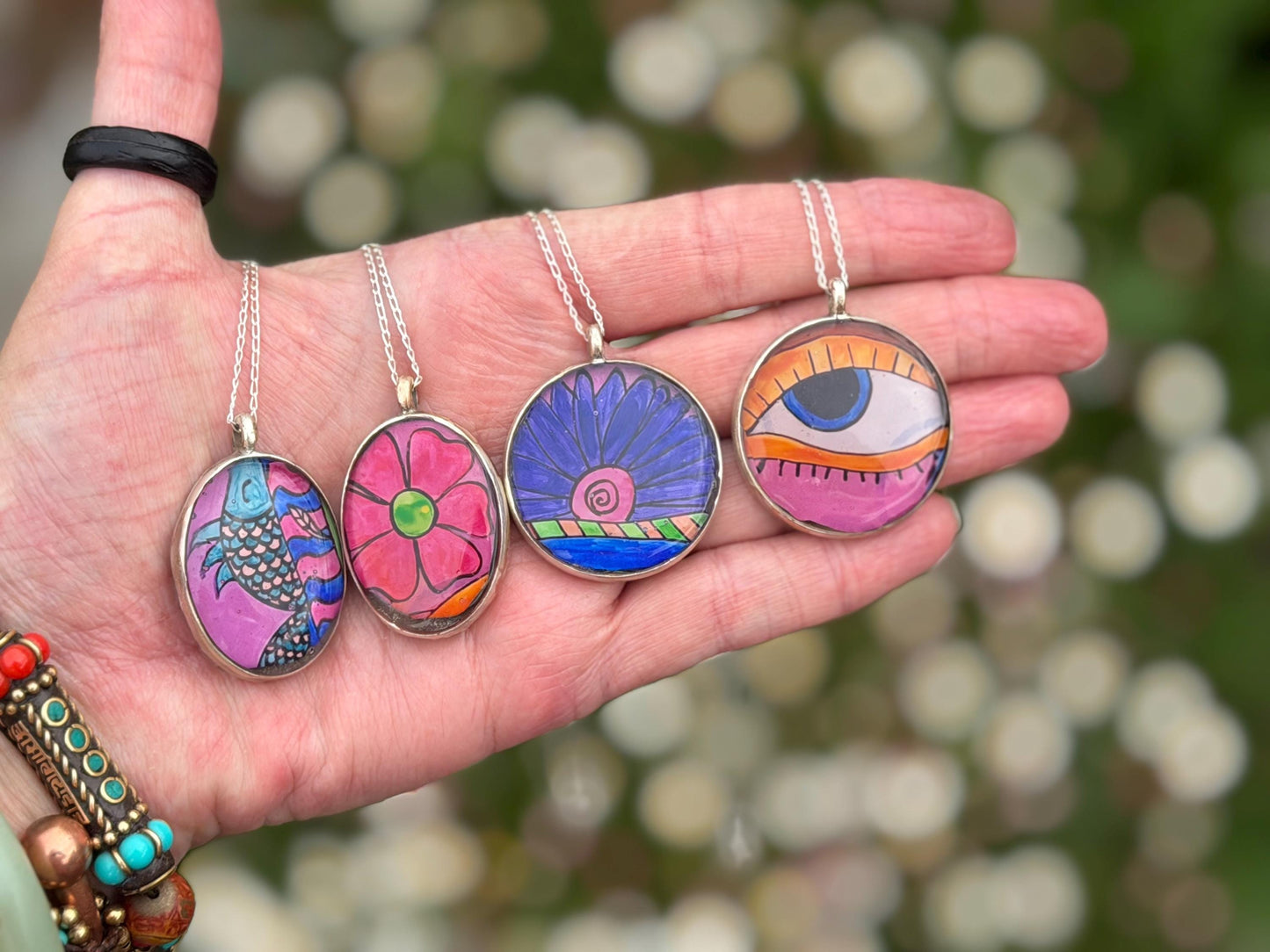 Handmade eye necklace. All seeing eye pendant on rcycled sterling silver. Eco friendly jewellery. Boho colourful pendants. Bright pink