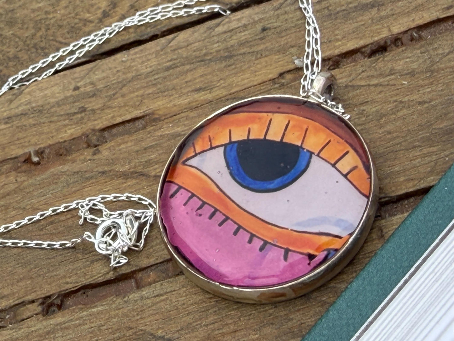 Handmade eye necklace. All seeing eye pendant on rcycled sterling silver. Eco friendly jewellery. Boho colourful pendants. Bright pink
