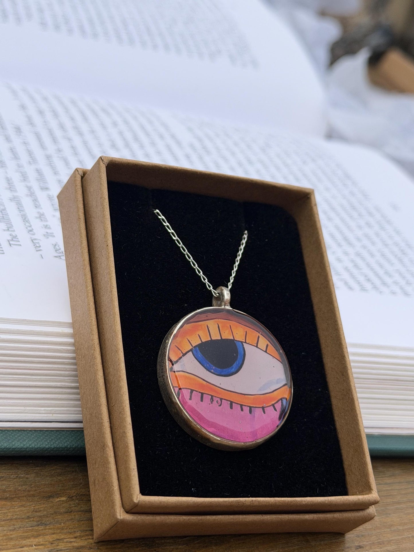 Handmade eye necklace. All seeing eye pendant on rcycled sterling silver. Eco friendly jewellery. Boho colourful pendants. Bright pink