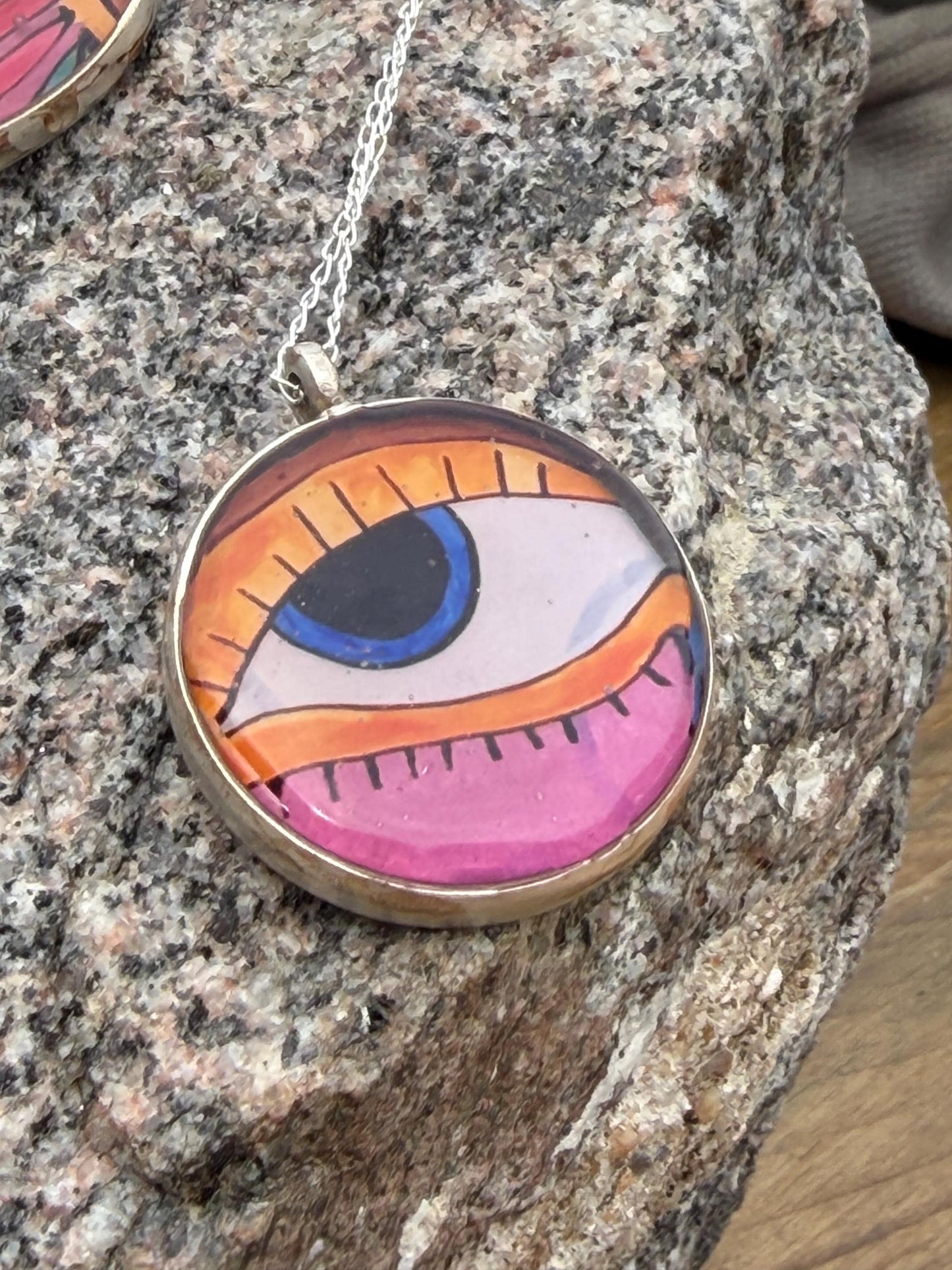 Handmade eye necklace. All seeing eye pendant on rcycled sterling silver. Eco friendly jewellery. Boho colourful pendants. Bright pink