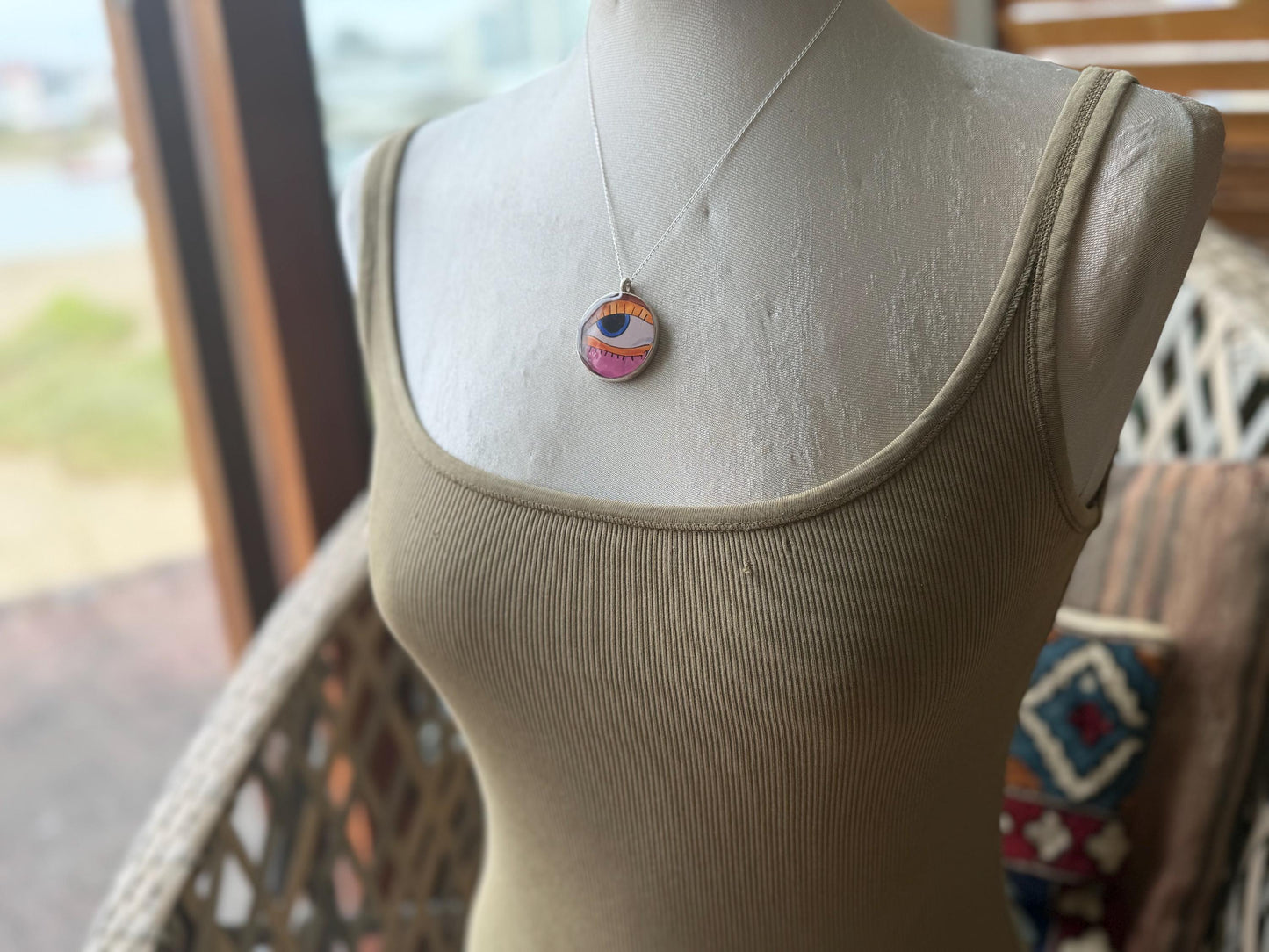Handmade eye necklace. All seeing eye pendant on rcycled sterling silver. Eco friendly jewellery. Boho colourful pendants. Bright pink