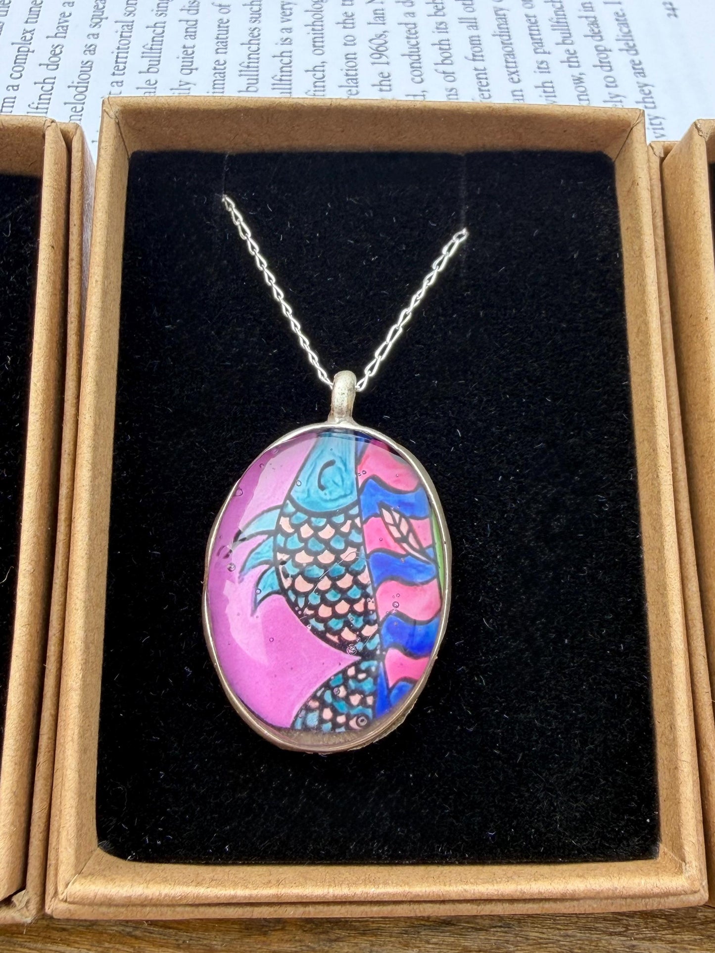 Bright joyful necklaces made with my own photos & recycled sterling silver. Eco friendly jewellery. Boho colourful pendants. Bright pink.
