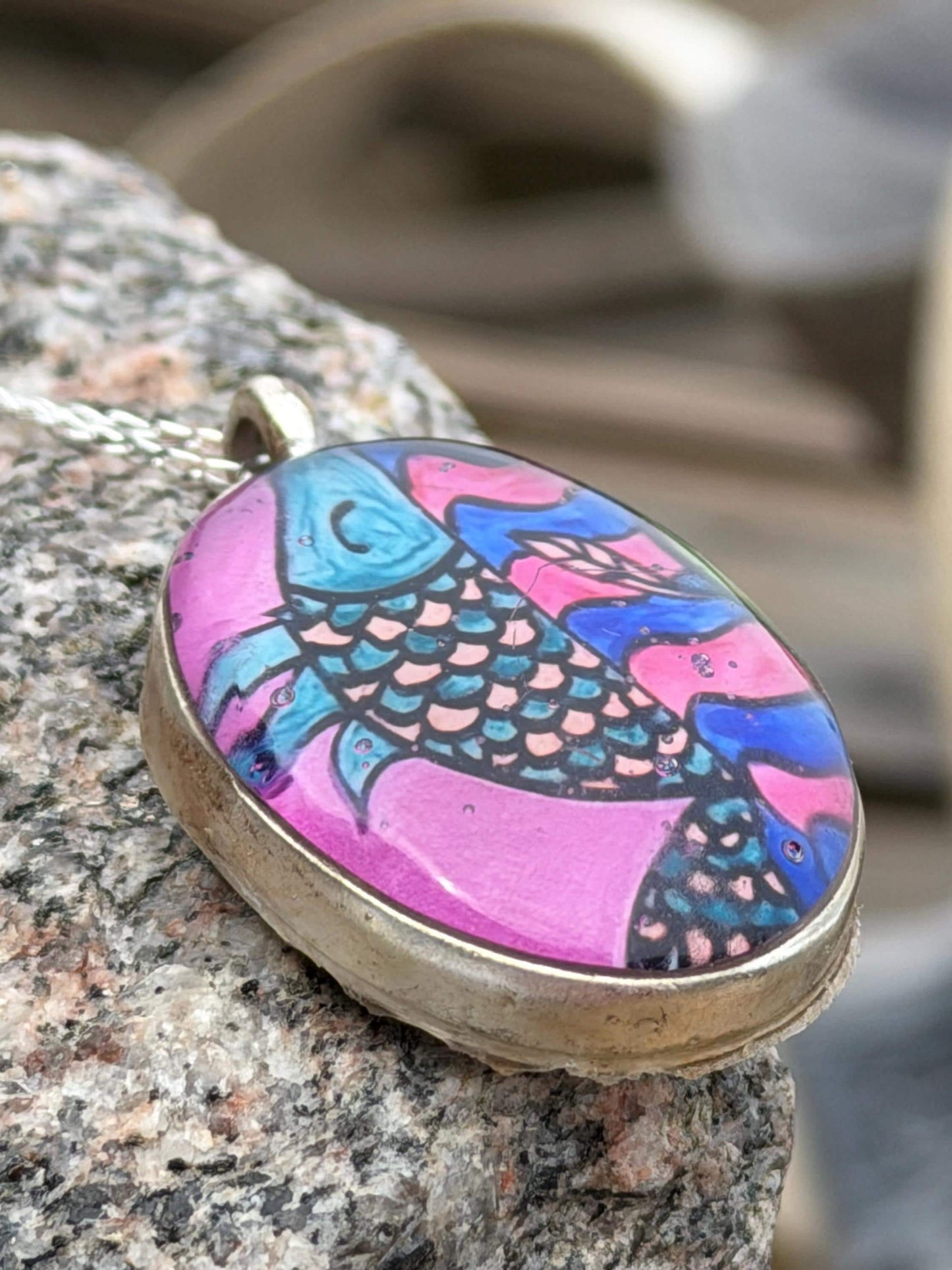 Bright joyful necklaces made with my own photos & recycled sterling silver. Eco friendly jewellery. Boho colourful pendants. Bright pink.