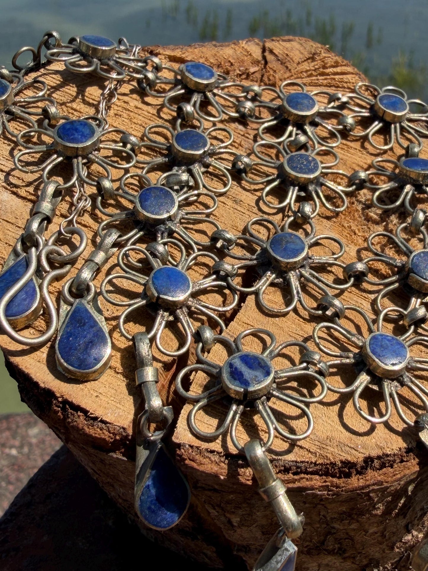 Absolutely stunning vintage waterfall necklace made with Lapis and alpaca silver. Unusual lapis necklace.