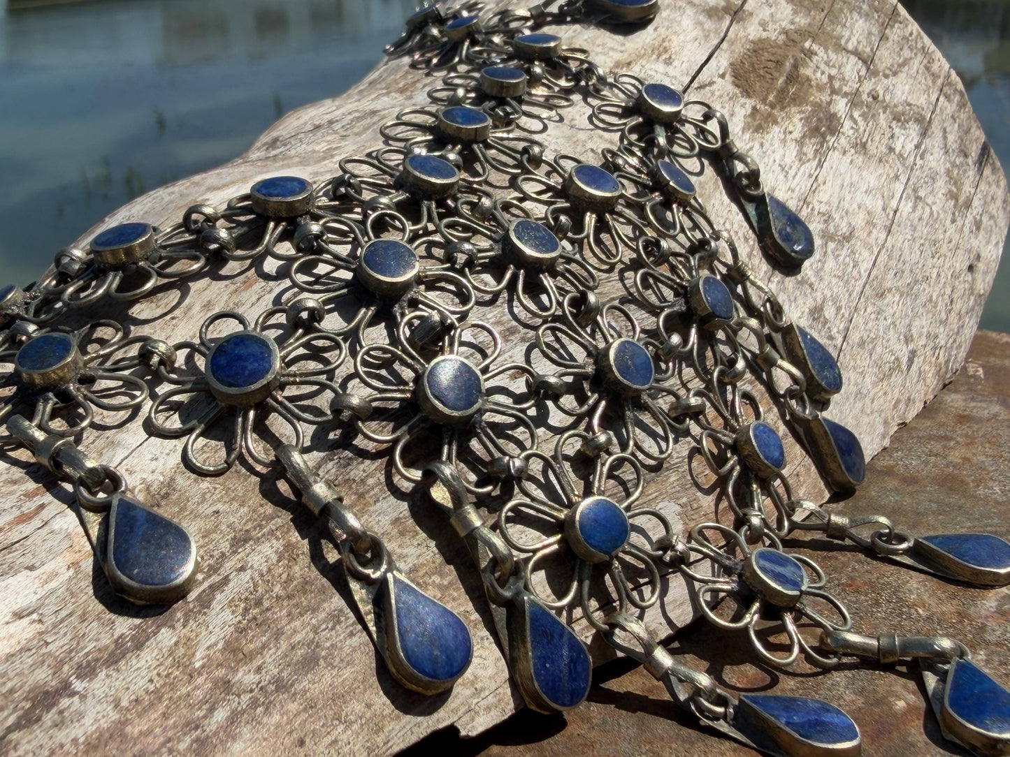 Absolutely stunning vintage waterfall necklace made with Lapis and alpaca silver. Unusual lapis necklace.