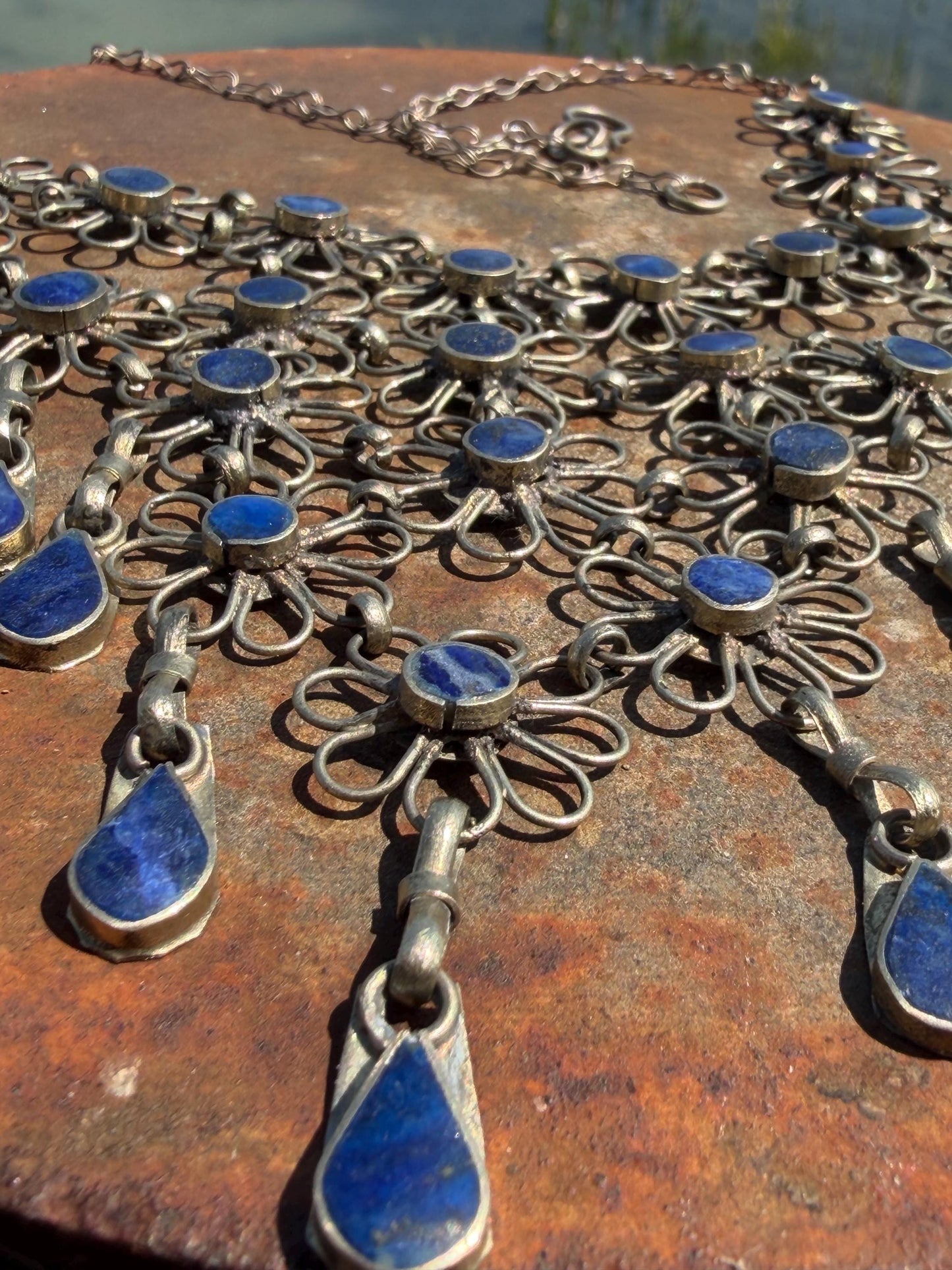 Absolutely stunning vintage waterfall necklace made with Lapis and alpaca silver. Unusual lapis necklace.