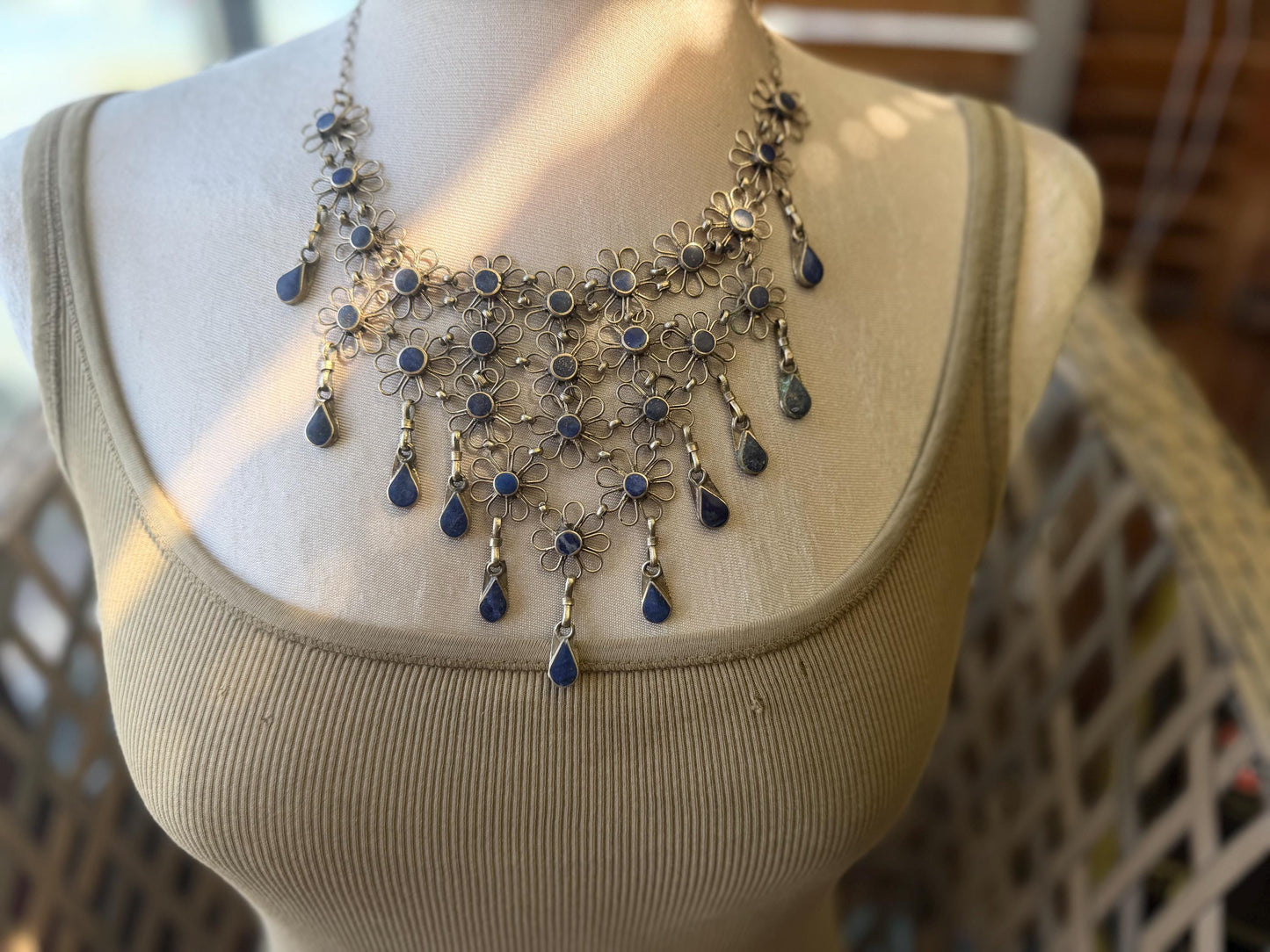 Absolutely stunning vintage waterfall necklace made with Lapis and alpaca silver. Unusual lapis necklace.