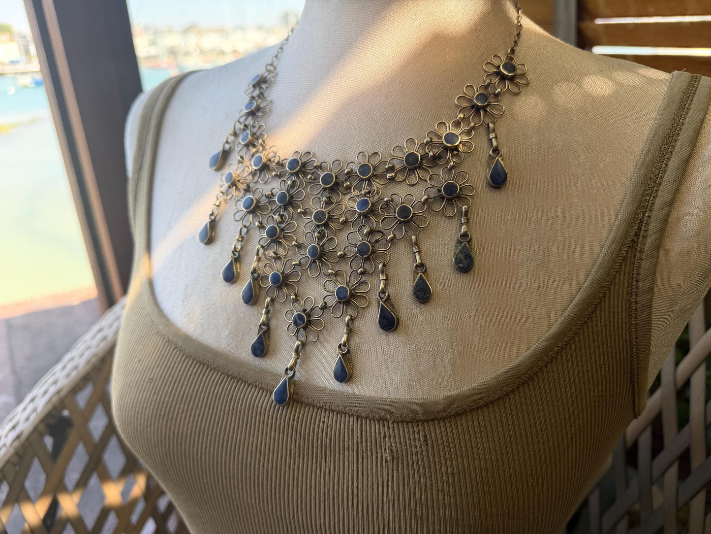 Absolutely stunning vintage waterfall necklace made with Lapis and alpaca silver. Unusual lapis necklace.