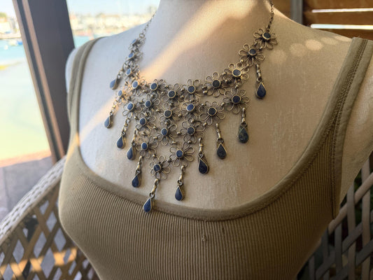 Absolutely stunning vintage waterfall necklace made with Lapis and alpaca silver. Unusual lapis necklace.