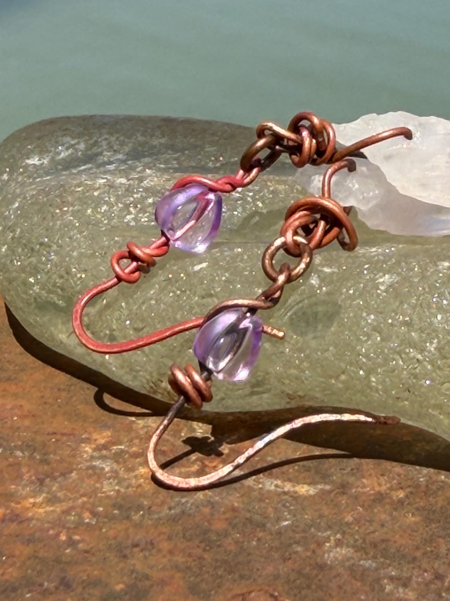 Ethically sourced agate gemstone earrings on recycled copper. Handmade pink earrings. Ethical jewellery, boho jewellery. Unique earrings.