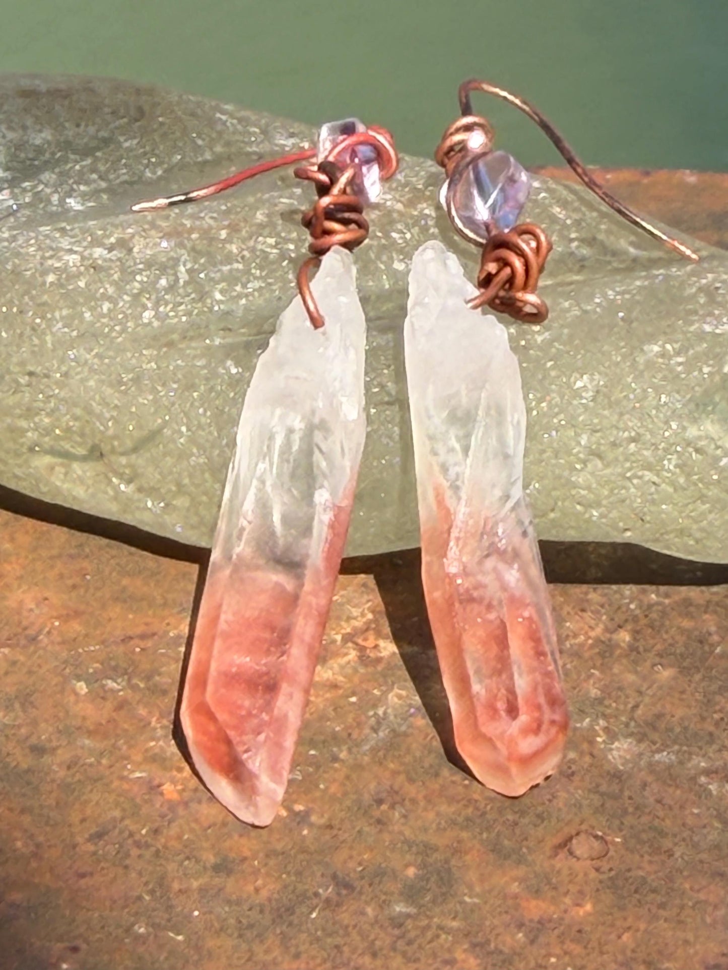 Ethically sourced agate gemstone earrings on recycled copper. Handmade pink earrings. Ethical jewellery, boho jewellery. Unique earrings.