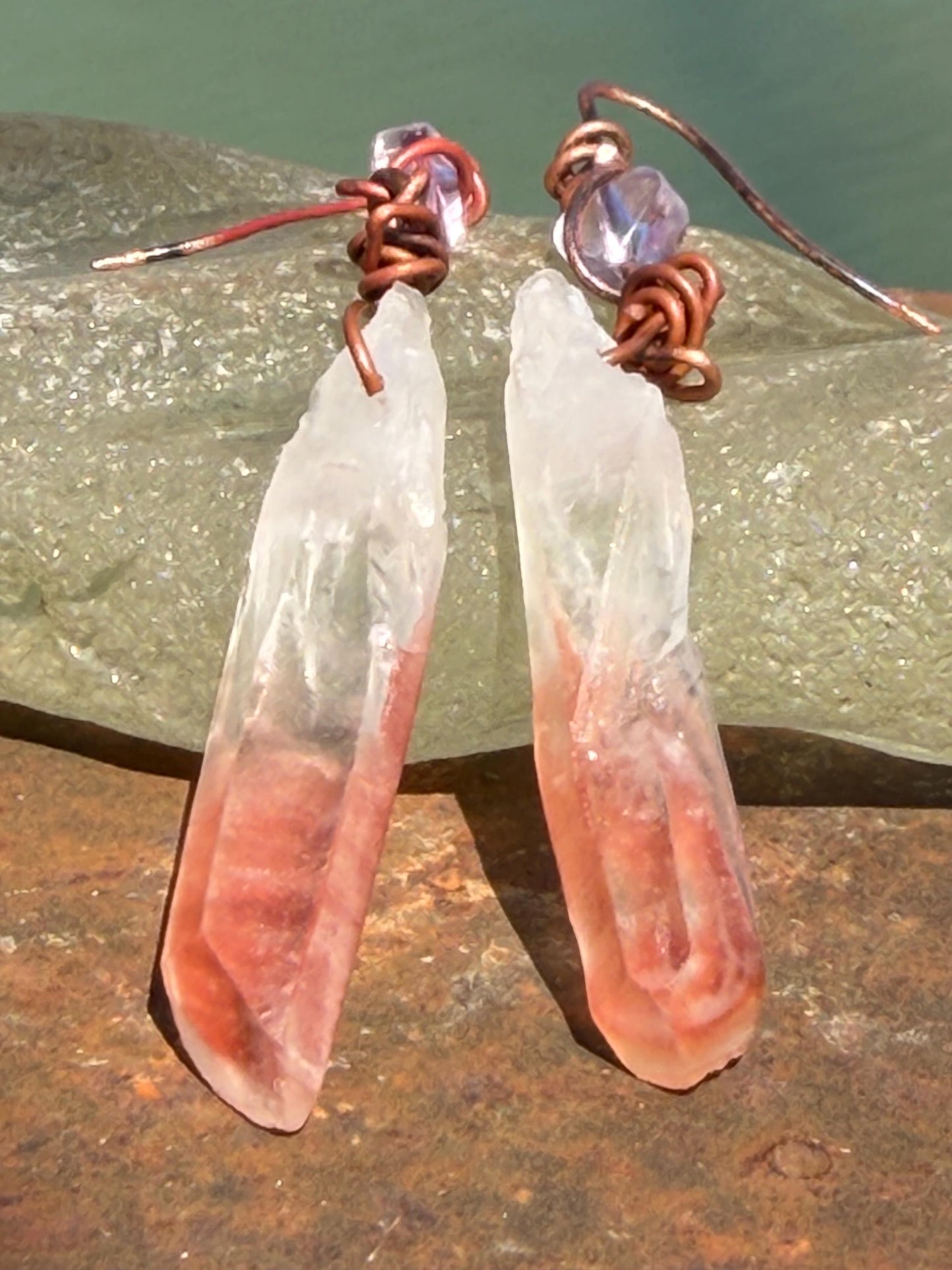 Ethically sourced agate gemstone earrings on recycled copper. Handmade pink earrings. Ethical jewellery, boho jewellery. Unique earrings.