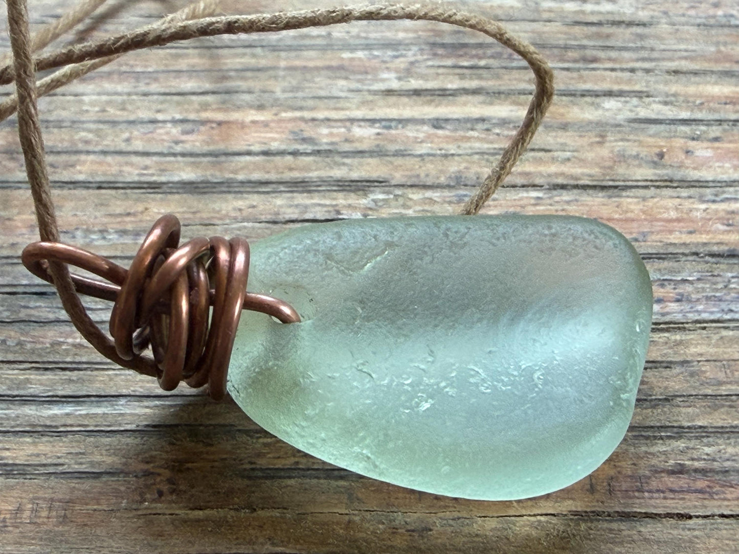 Aqua sea glass necklace wrapped in recycled copper. Recycled necklace. Ethical jewellery. Sea glass pendant. Eco friendly necklace. Boho