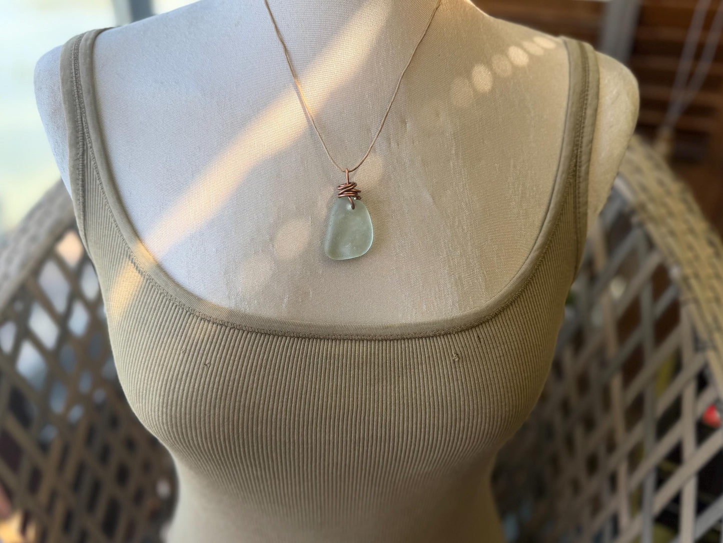 Aqua sea glass necklace wrapped in recycled copper. Recycled necklace. Ethical jewellery. Sea glass pendant. Eco friendly necklace. Boho