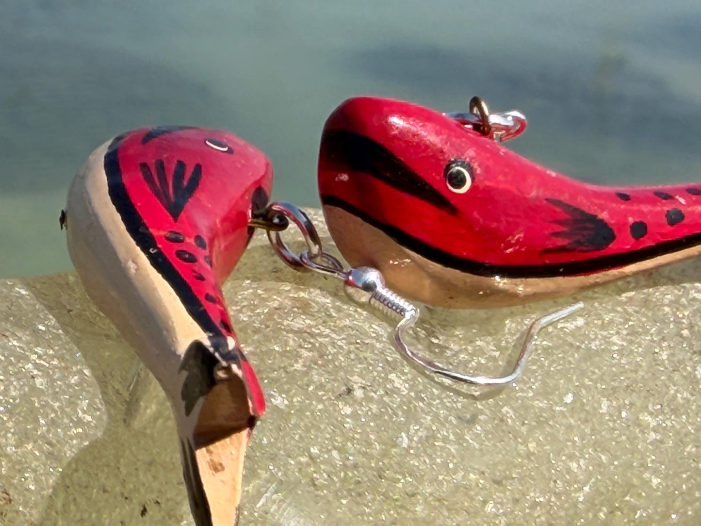 Red wooden whale earrings on sterling silver. Fun red earrings. Fish earrings. Eco friendly jewellery. Ethical jewellery. Whale gifts