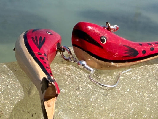 Red wooden whale earrings on sterling silver. Fun red earrings. Fish earrings. Eco friendly jewellery. Ethical jewellery. Whale gifts