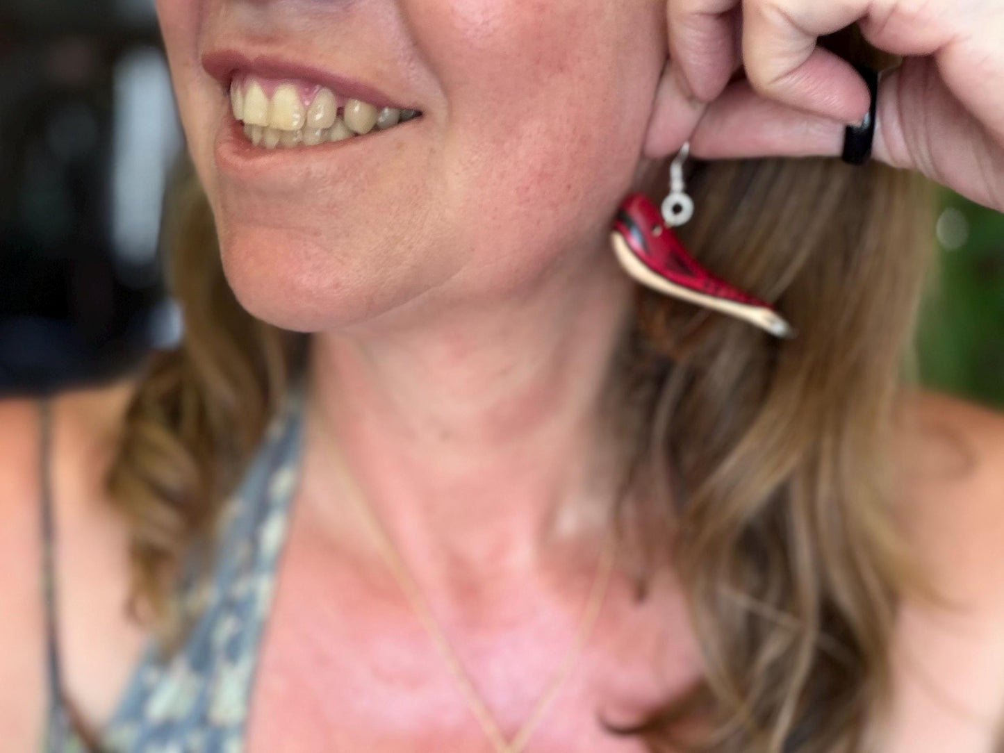Red wooden whale earrings on sterling silver. Fun red earrings. Fish earrings. Eco friendly jewellery. Ethical jewellery. Whale gifts