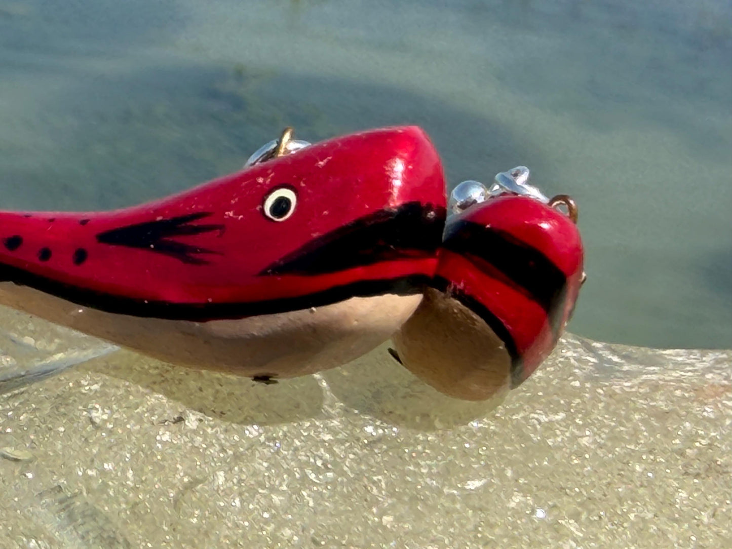 Red wooden whale earrings on sterling silver. Fun red earrings. Fish earrings. Eco friendly jewellery. Ethical jewellery. Whale gifts