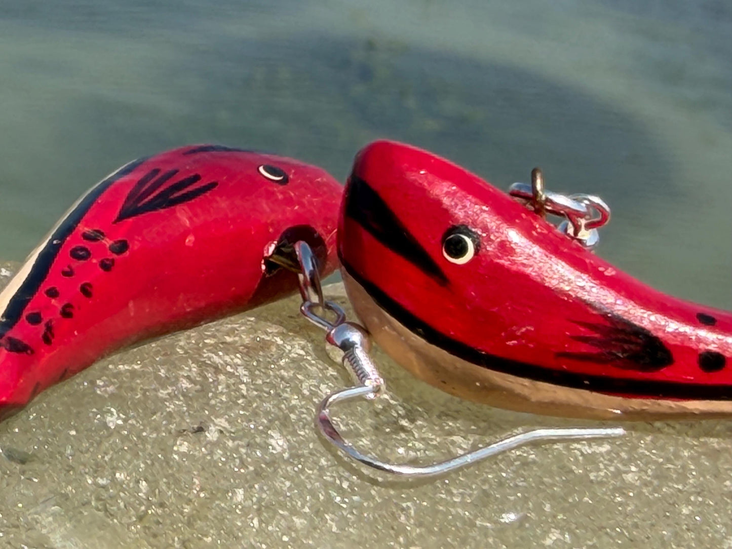 Red wooden whale earrings on sterling silver. Fun red earrings. Fish earrings. Eco friendly jewellery. Ethical jewellery. Whale gifts