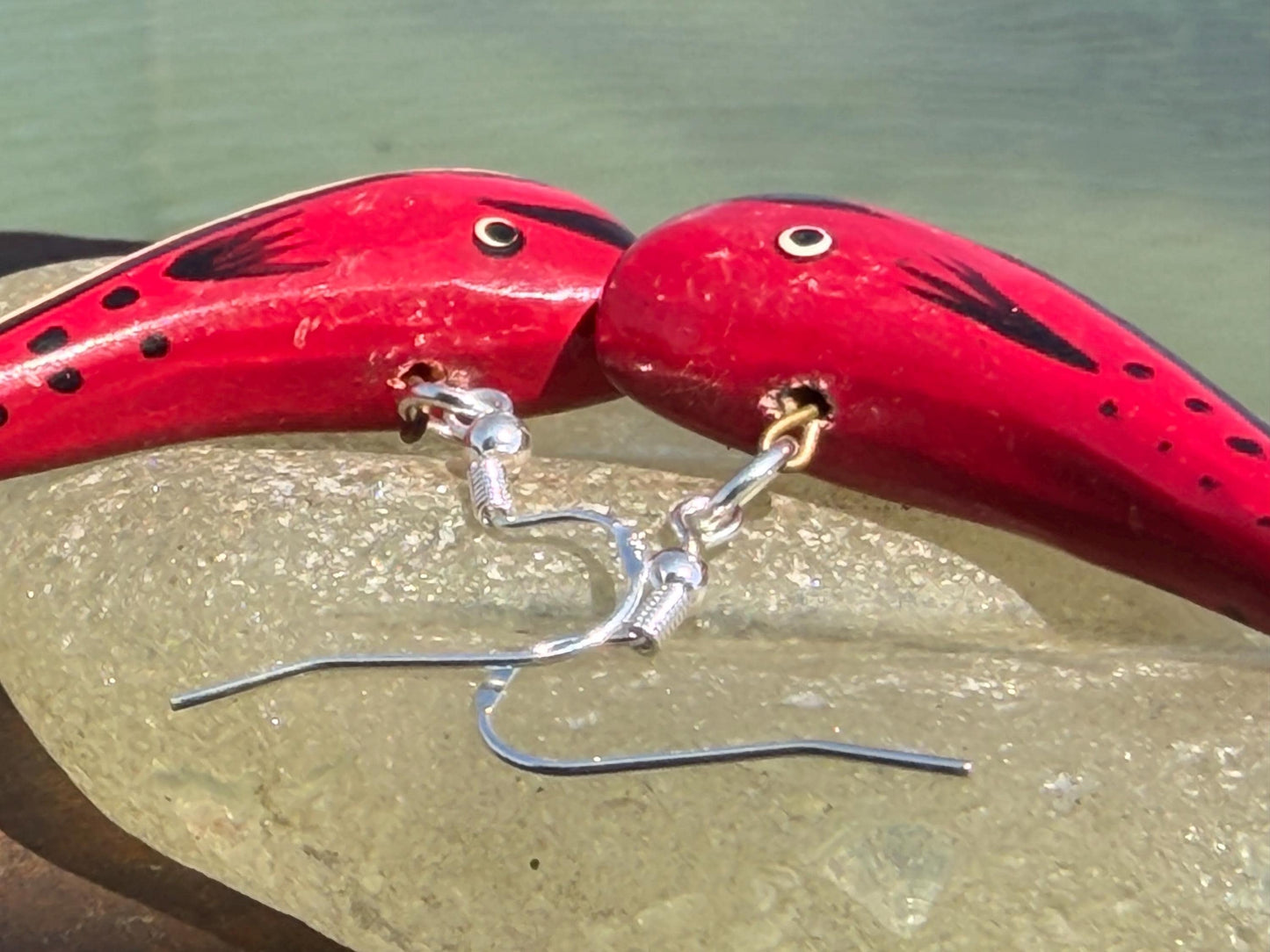 Red wooden whale earrings on sterling silver. Fun red earrings. Fish earrings. Eco friendly jewellery. Ethical jewellery. Whale gifts