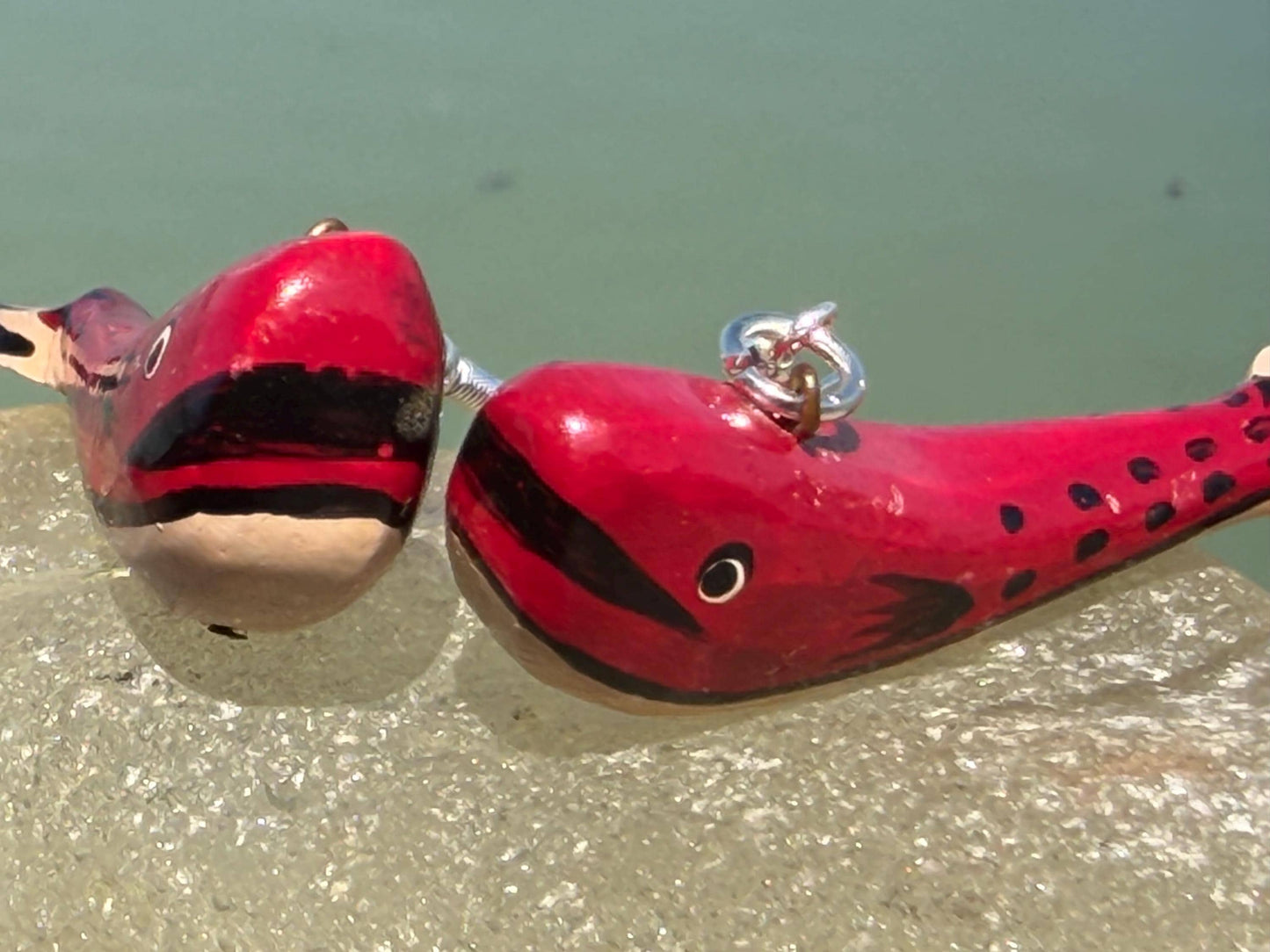 Red wooden whale earrings on sterling silver. Fun red earrings. Fish earrings. Eco friendly jewellery. Ethical jewellery. Whale gifts