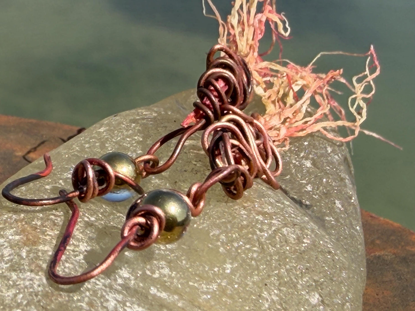 Seaweed earrings wrapped in recycled copper stripped from waste cables. Eco friendly gift for ocean lover. Very unusual and unique,