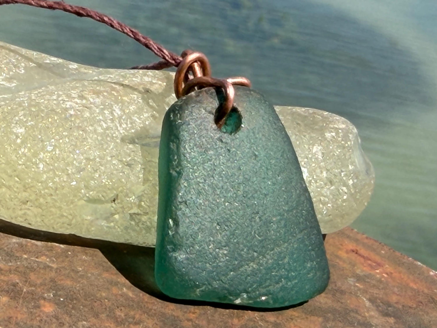 Large green sea glass necklace. Recycled necklace, gift for him. Ethical jewellery. Thick sea glass pendant. Eco friendly necklace.