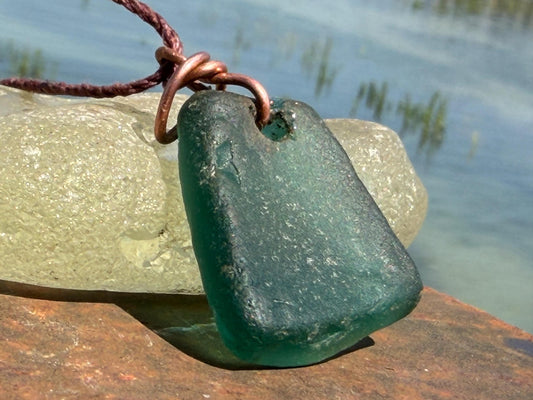 Large green sea glass necklace. Recycled necklace, gift for him. Ethical jewellery. Thick sea glass pendant. Eco friendly necklace.