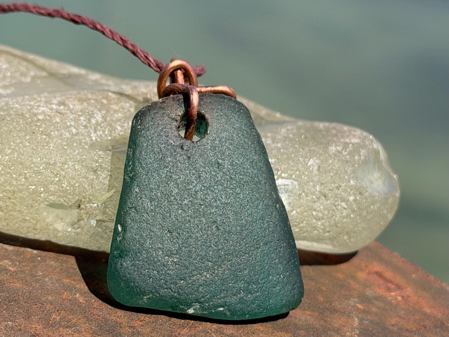Large green sea glass necklace. Recycled necklace, gift for him. Ethical jewellery. Thick sea glass pendant. Eco friendly necklace.