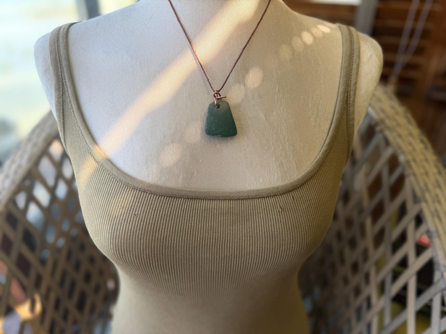 Large green sea glass necklace. Recycled necklace, gift for him. Ethical jewellery. Thick sea glass pendant. Eco friendly necklace.