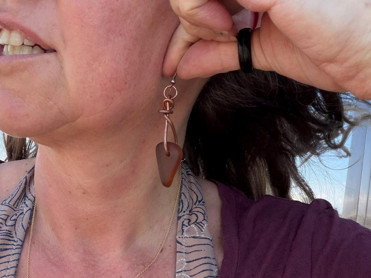 Sea glass and recycled copper earrings, unique earrings, ethical jewellery, unusual boho jewellery, sea glass jewellery, orange sea glass